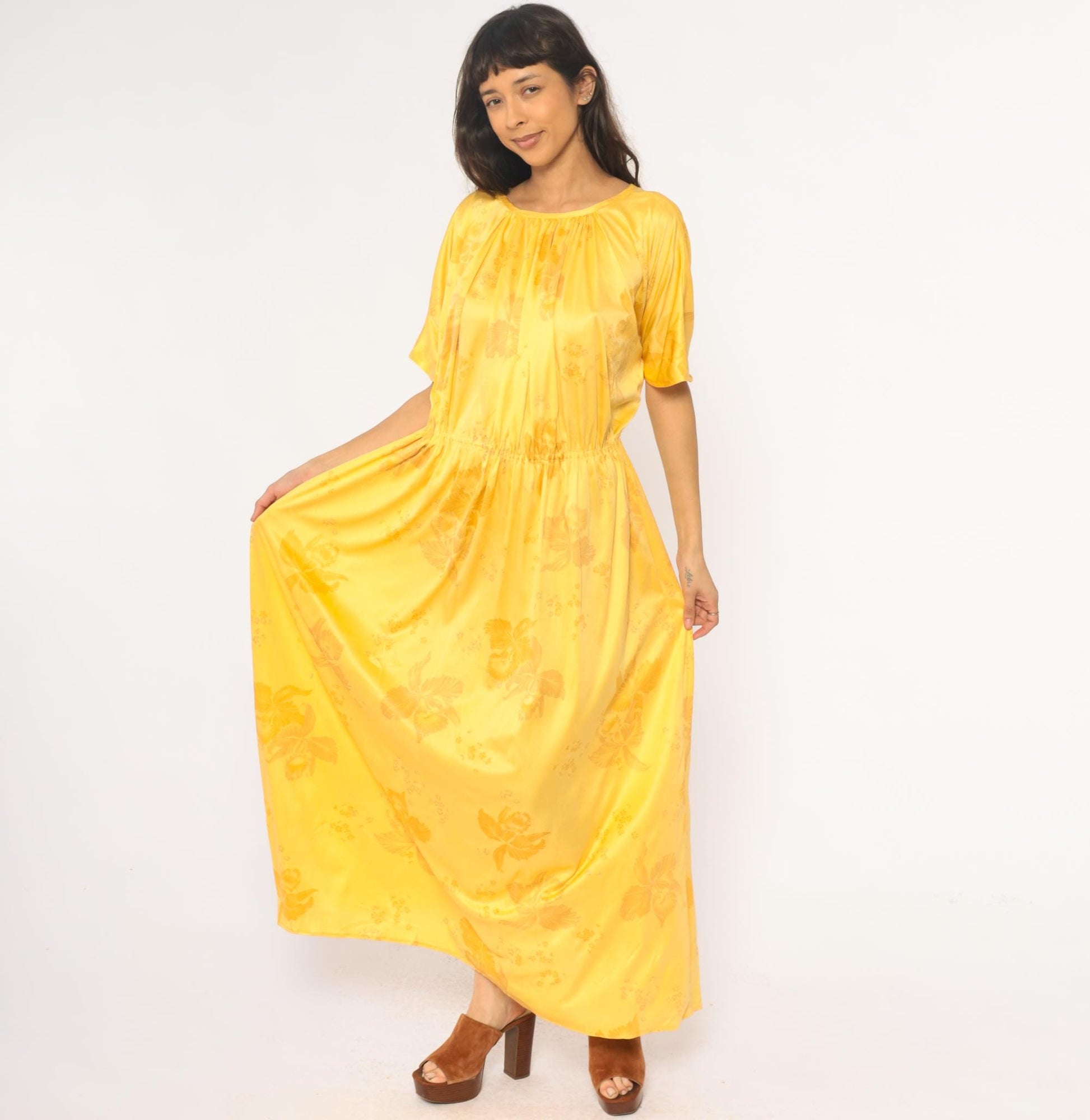 70s Yellow Floral Maxi Dress Flutter Sleeve Gathered Waist Medium Large
