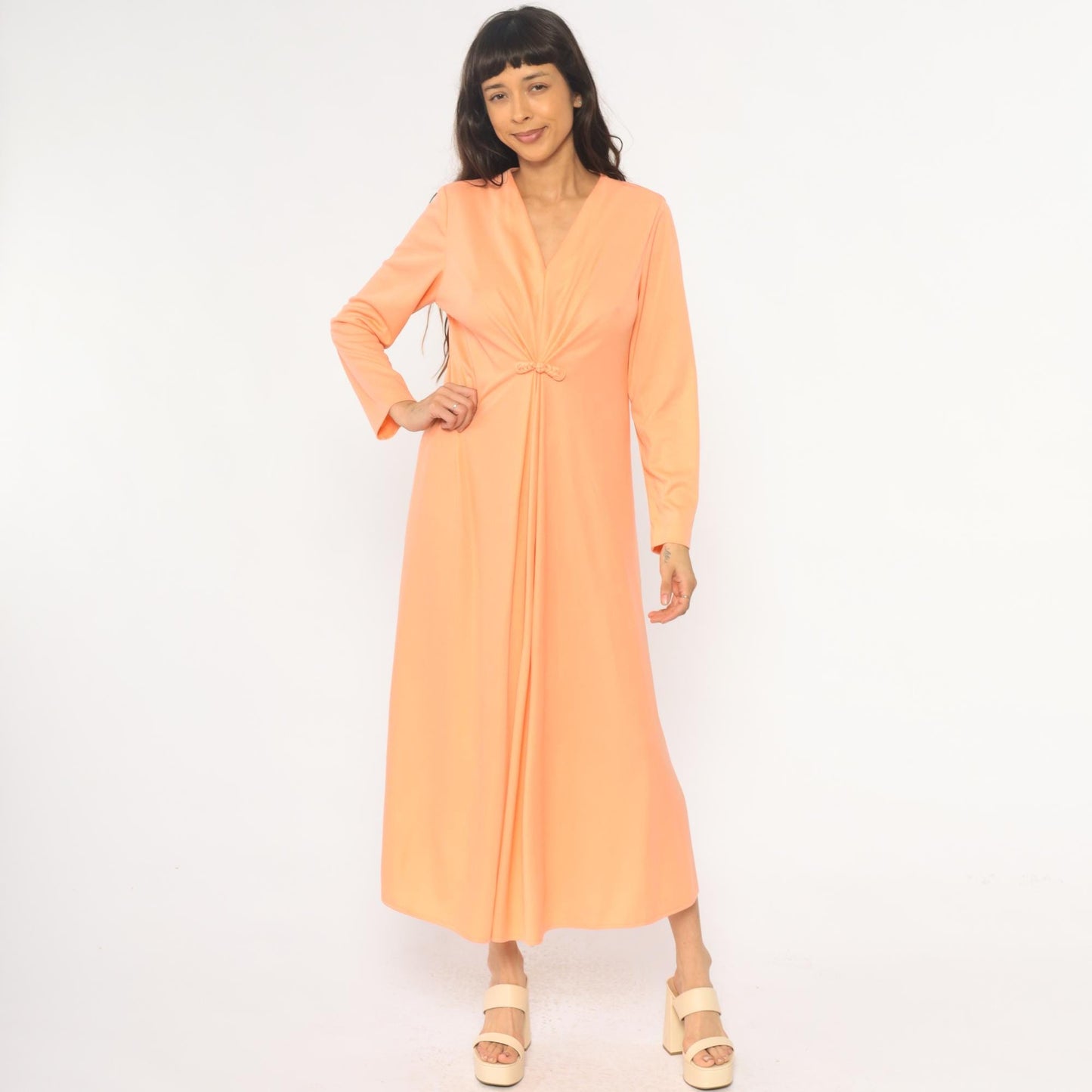 70s Lily Lynn Peach Maxi Dress Long Sleeve V-Neck Wrap Bodice Medium
