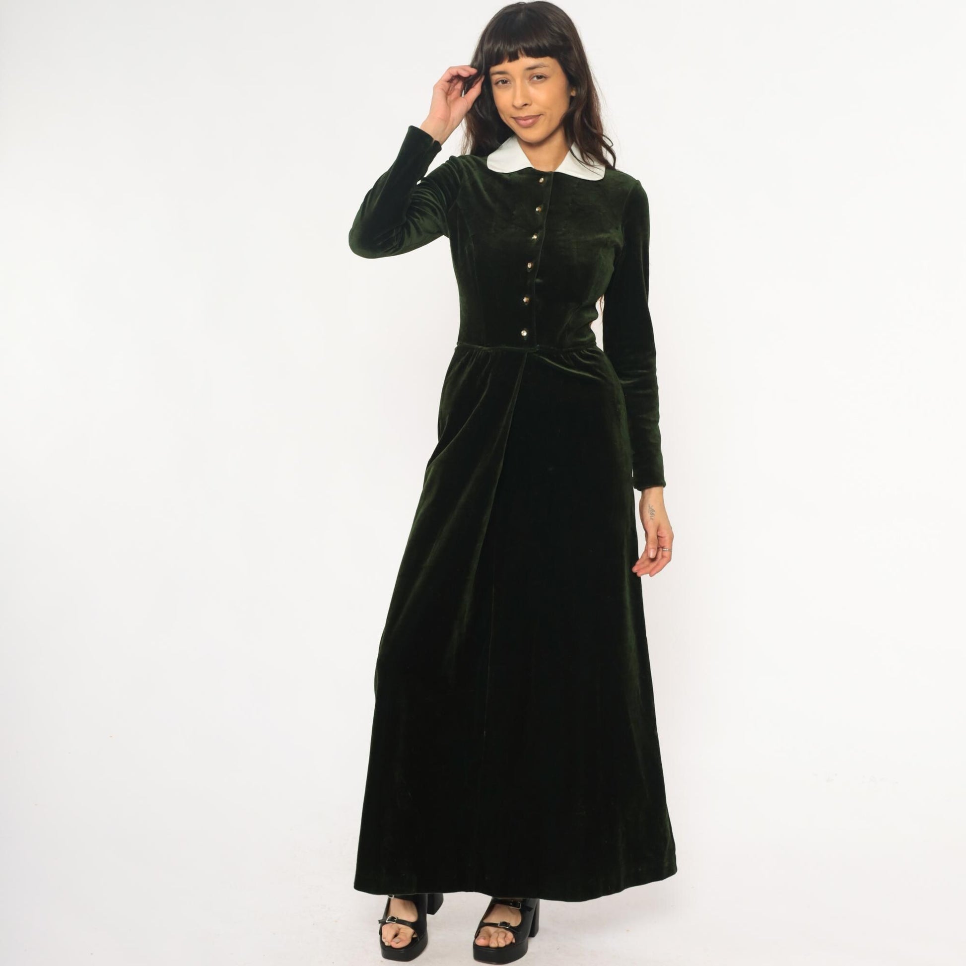 70s Dark Emerald Velvet Maxi Dress White Collar Long Sleeve Extra Small