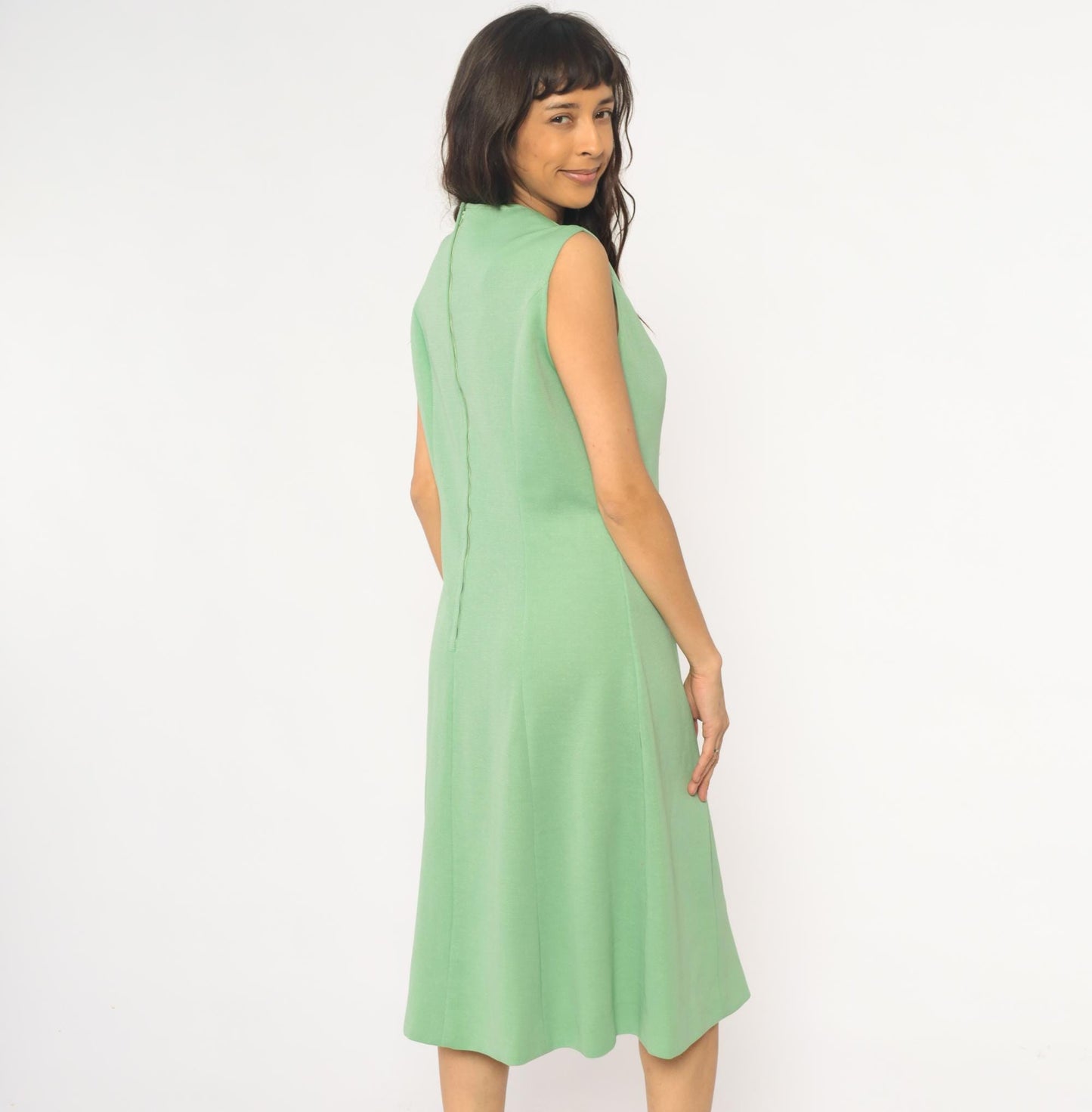 70s Mint Green Sleeveless A-Line Dress Scoop Neck Knee Length Large L