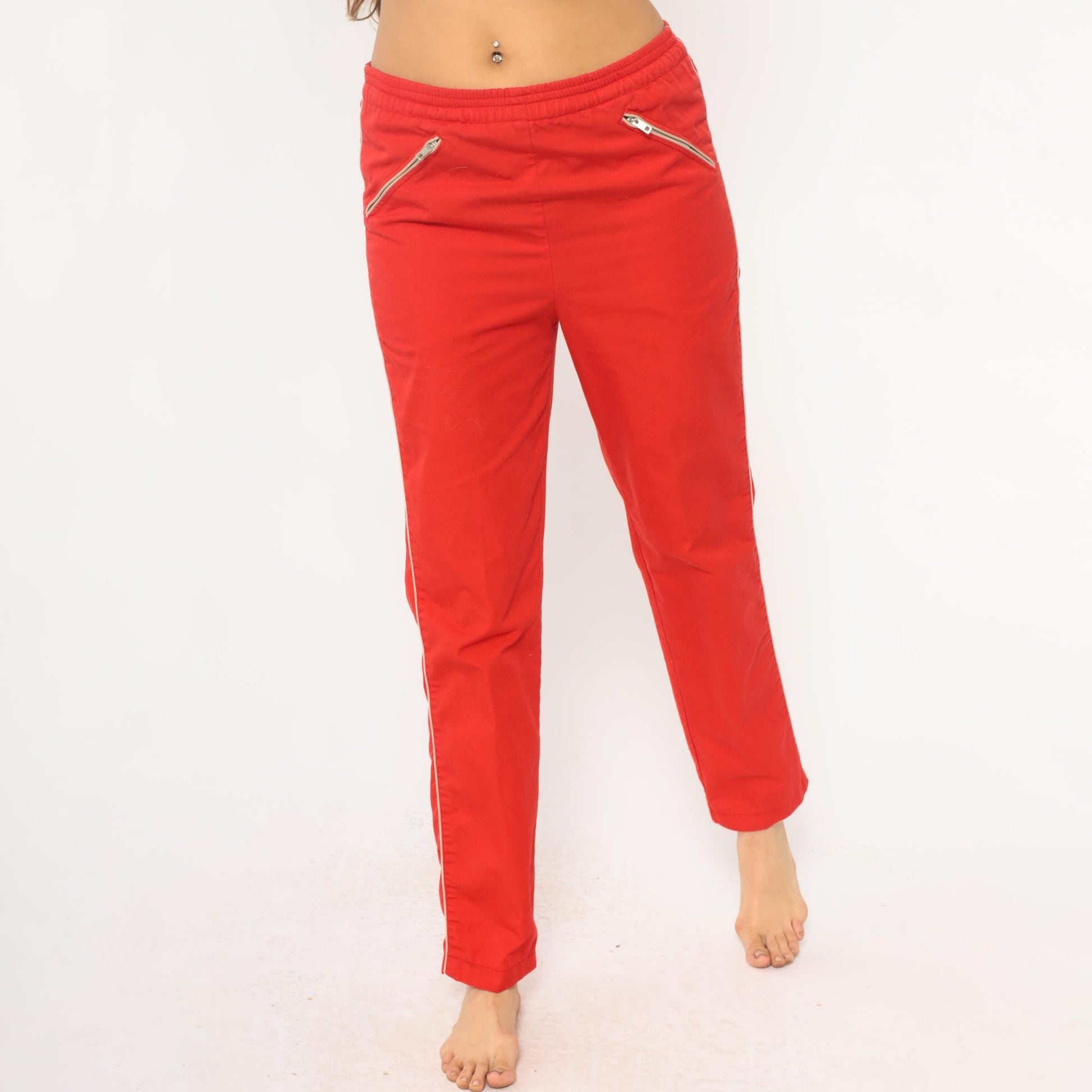 80s C'est Joli Track Pants Coral Red White Stripe Zipper Pockets Small