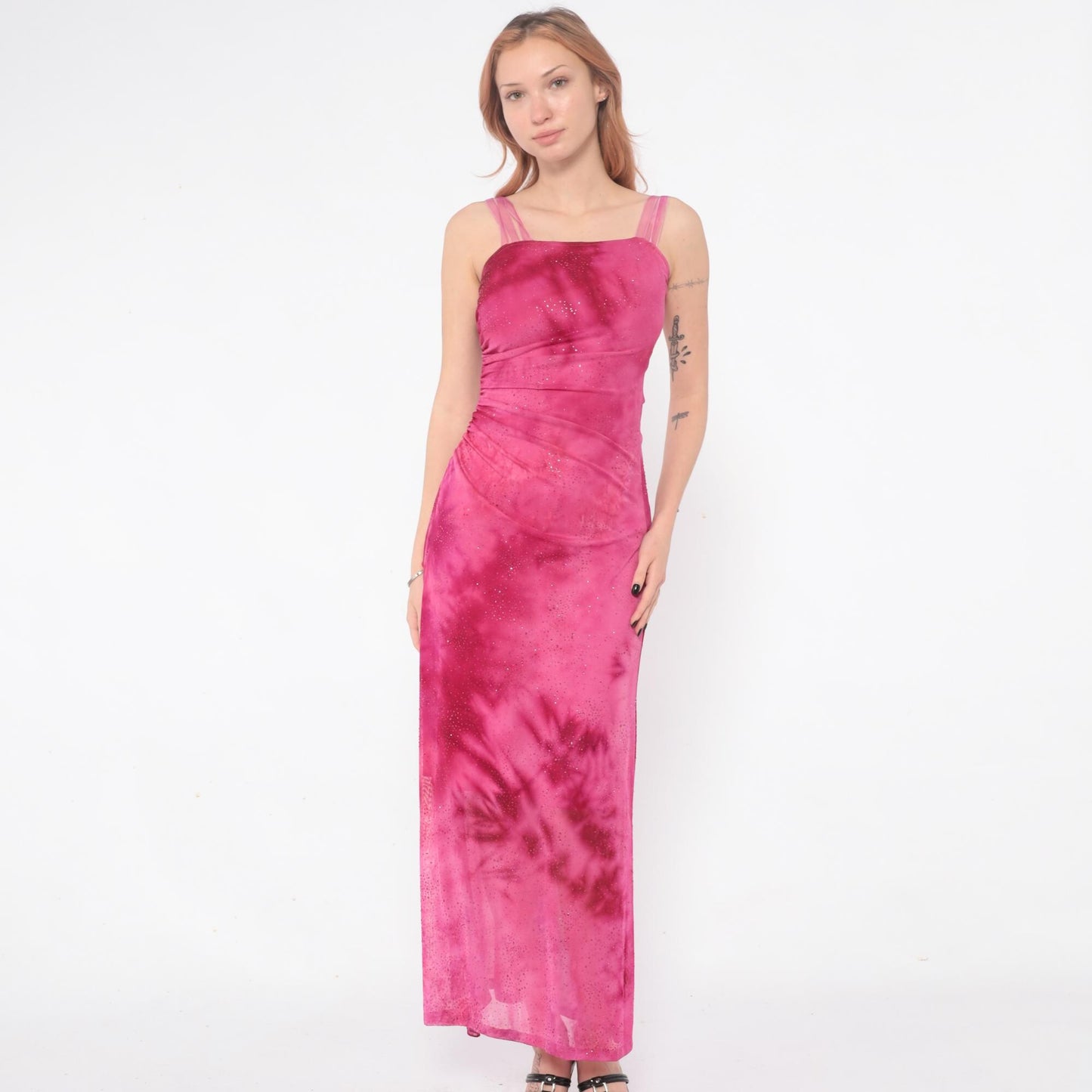 Y2K Hot Pink Sparkle Maxi Dress Ruched Spaghetti Strap Extra Small