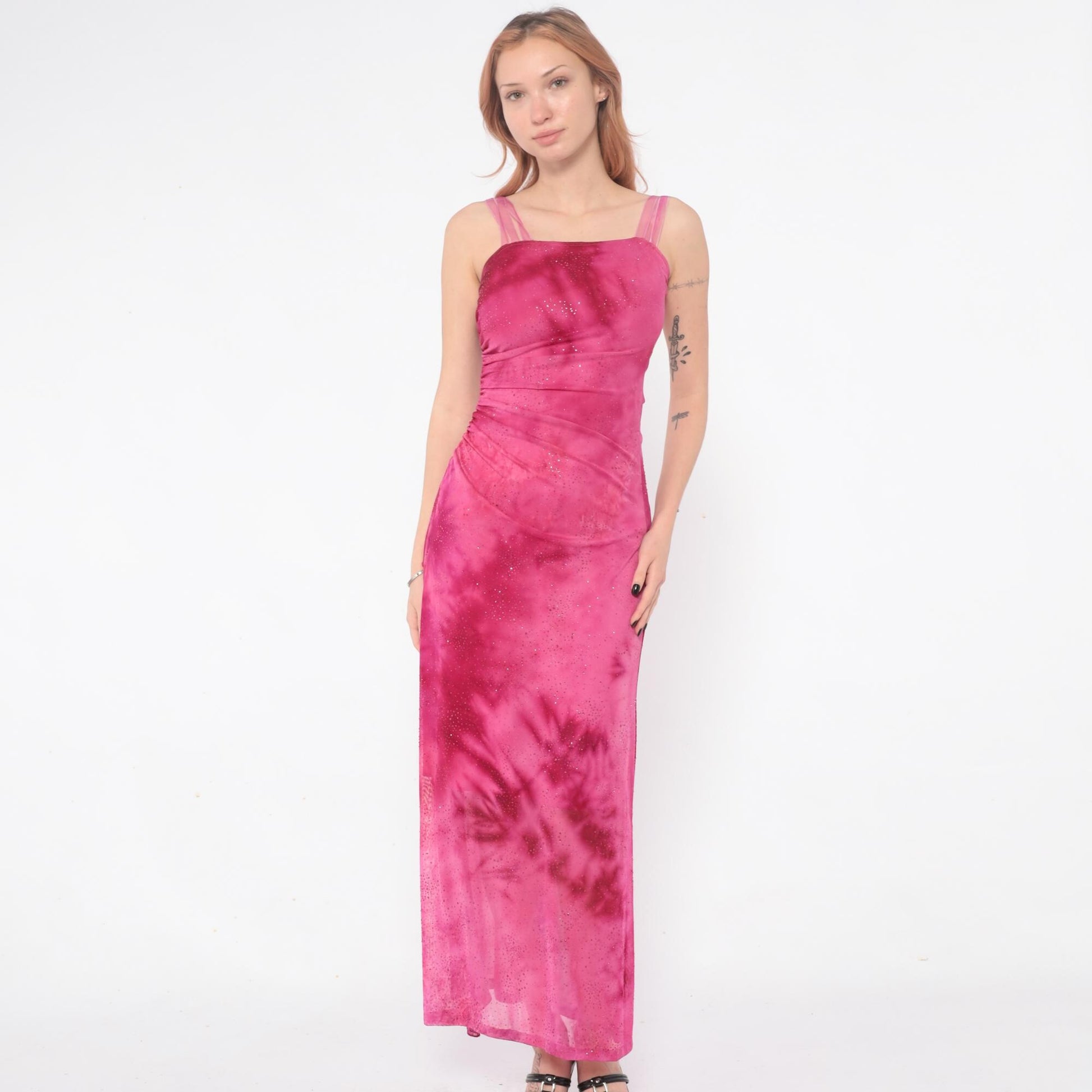 Y2K Hot Pink Sparkle Maxi Dress Ruched Spaghetti Strap Extra Small