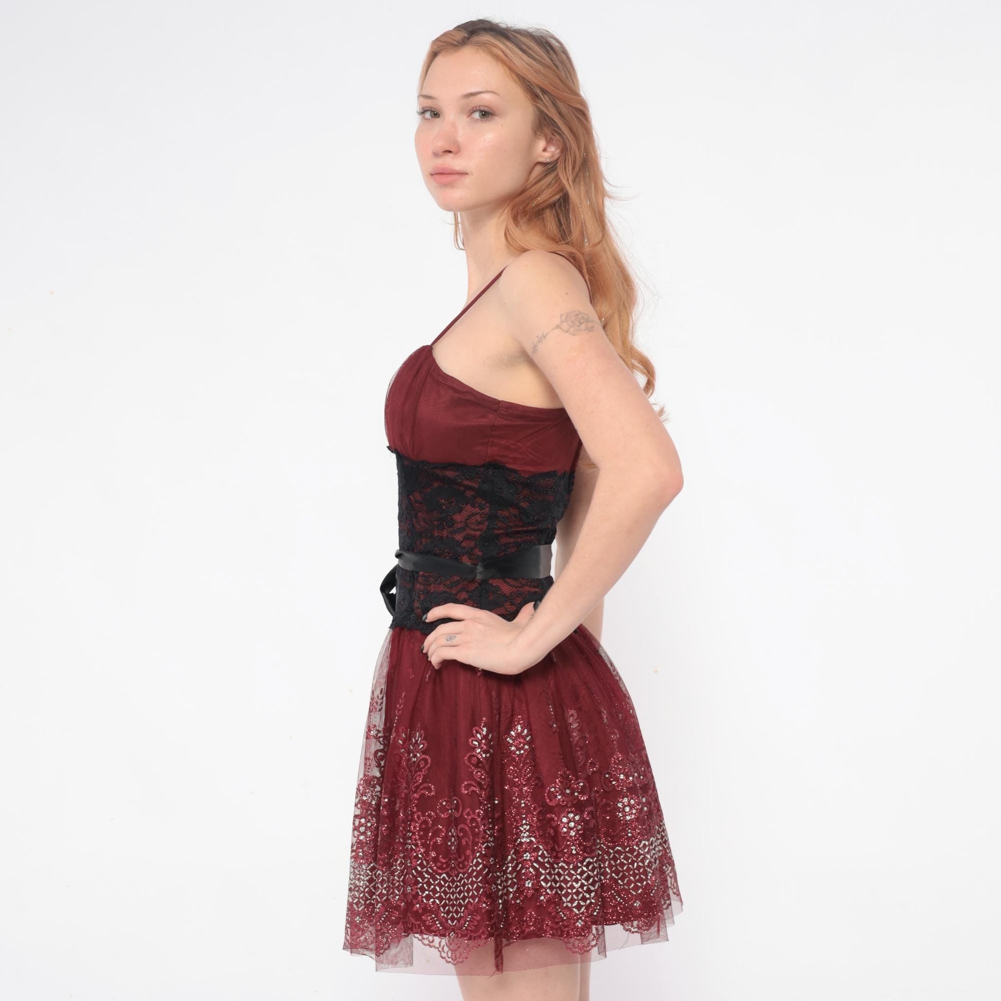 Y2K Burgundy Mini Dress Sequin Lace Spaghetti Strap Small