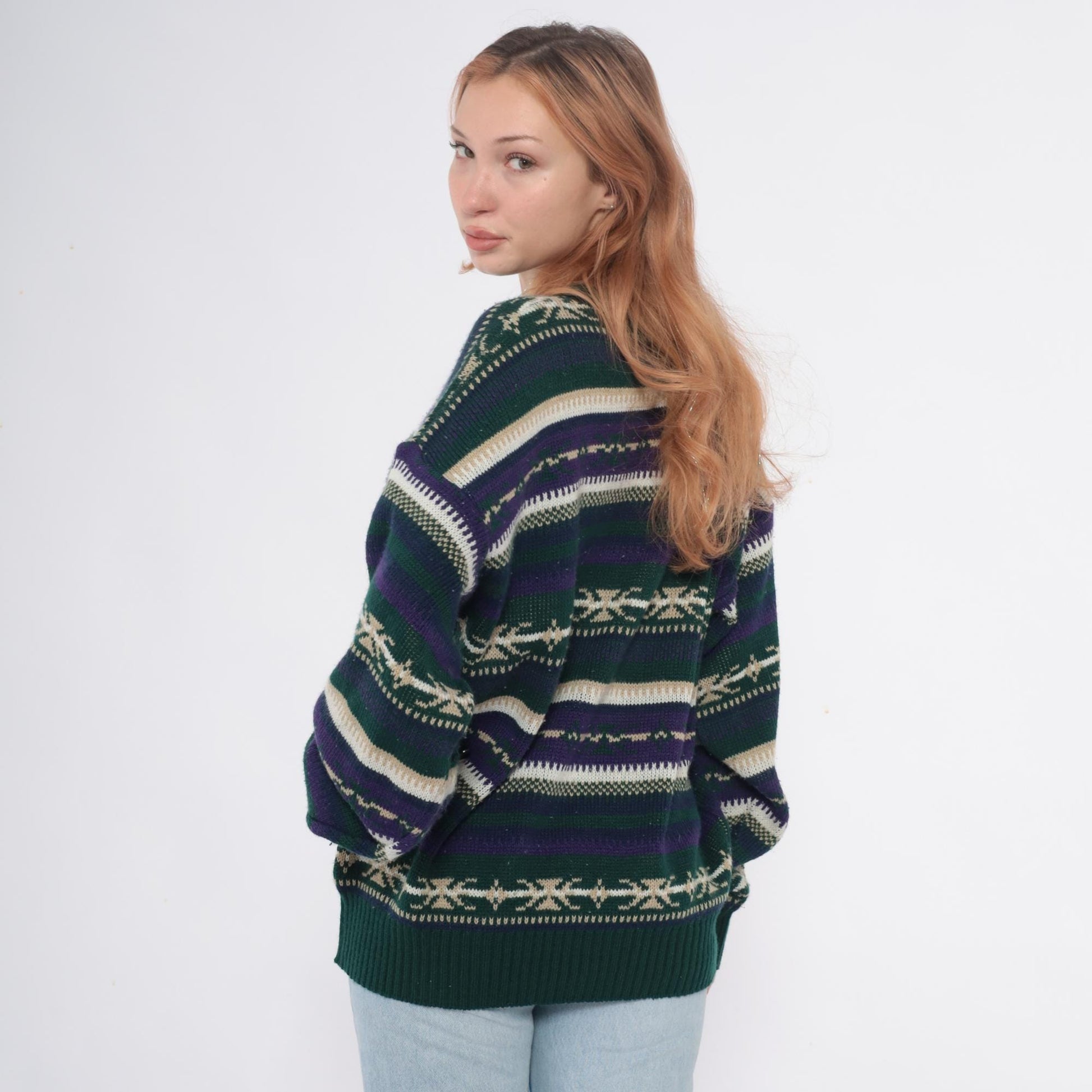 90s Fair Isle Sweater Green Purple Cream Geometric Pullover Extra Large XL