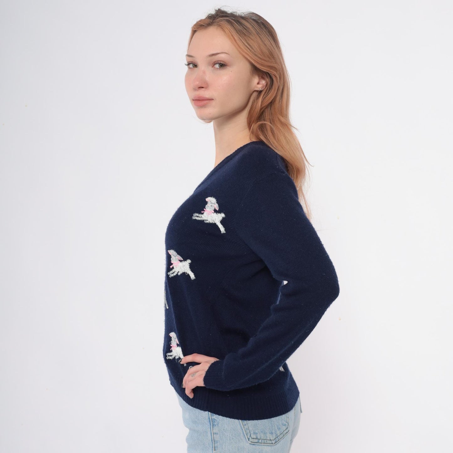 70s Shirlee Designs Navy Lamb Sweater Embroidered Pink Bows Large L