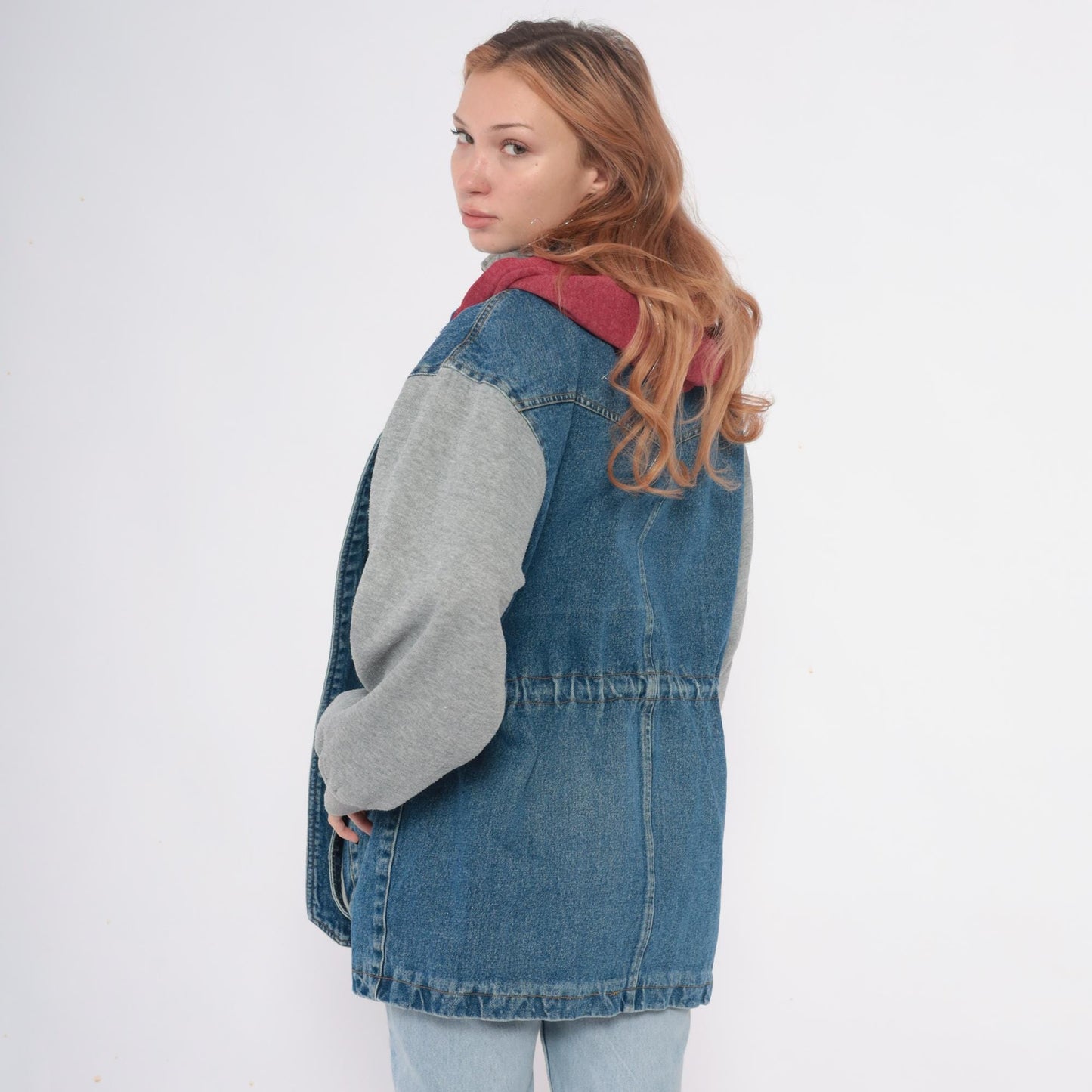 90s New York Girl Denim Jacket Colorblock Hood Toggle Closure Medium M