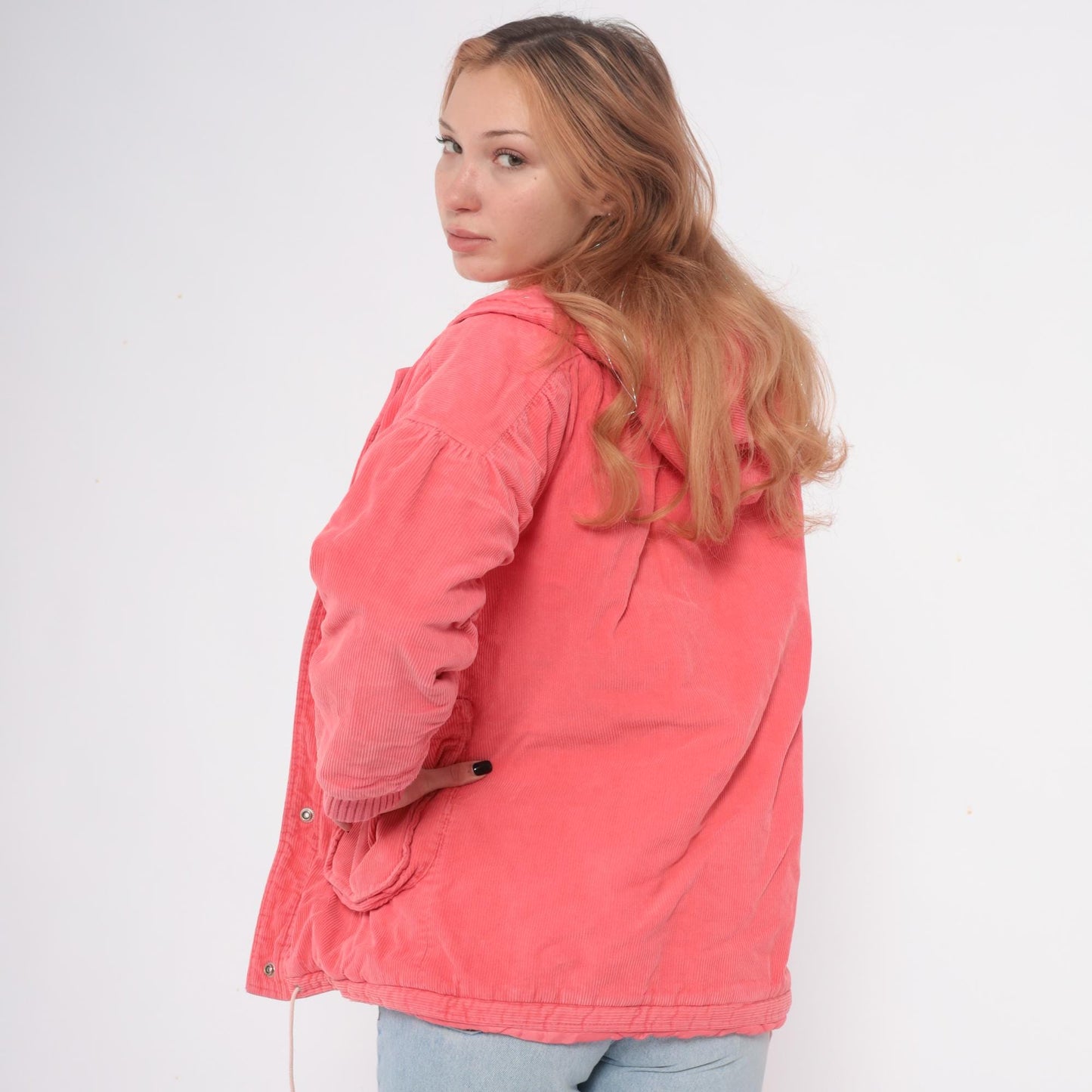80s Coral Corduroy Hooded Puffer Jacket Zip Front Ribbed Cuffs Small S