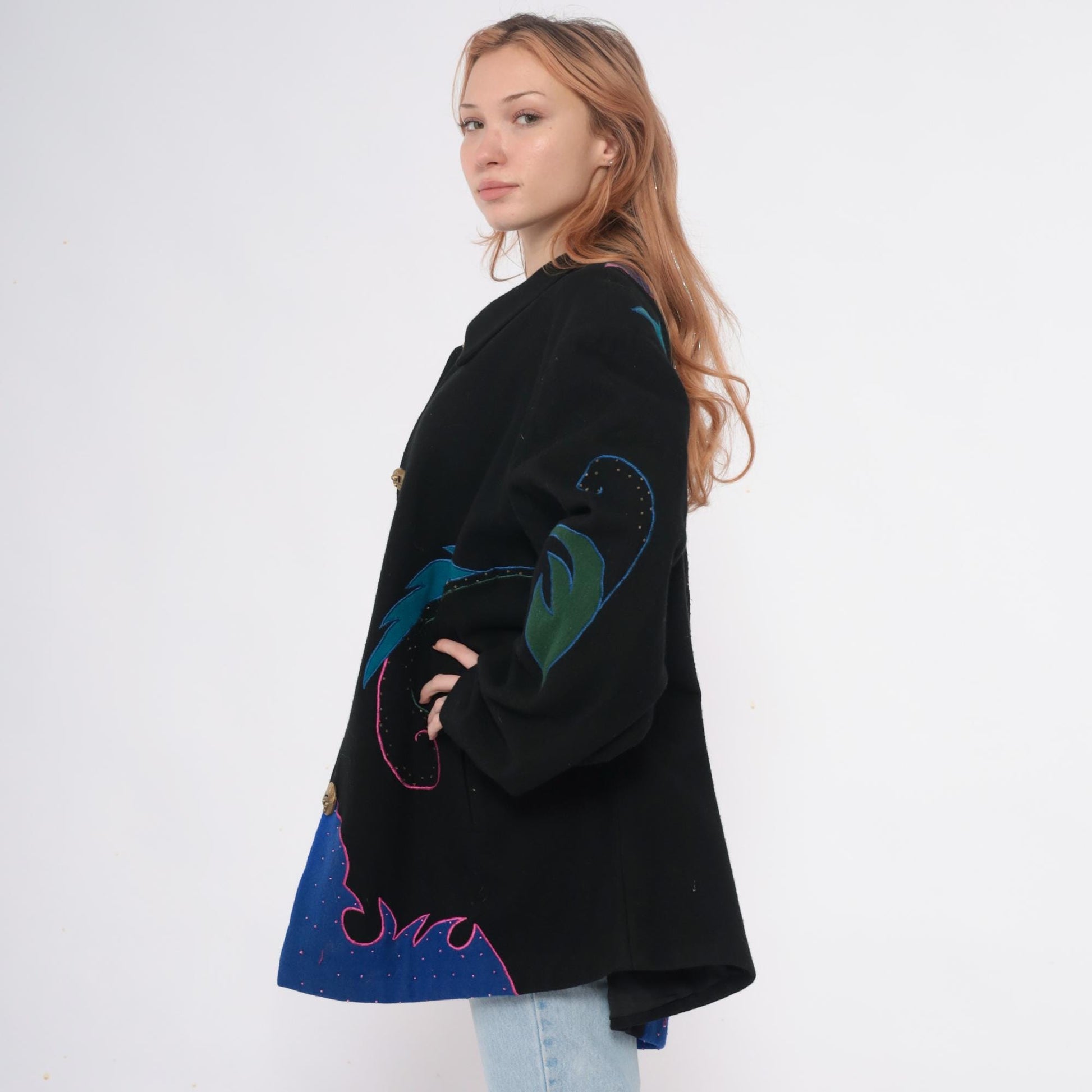 90s Black Wool Blazer Beaded Embroidered Teal Pink Gold Statement Jacket Extra Large