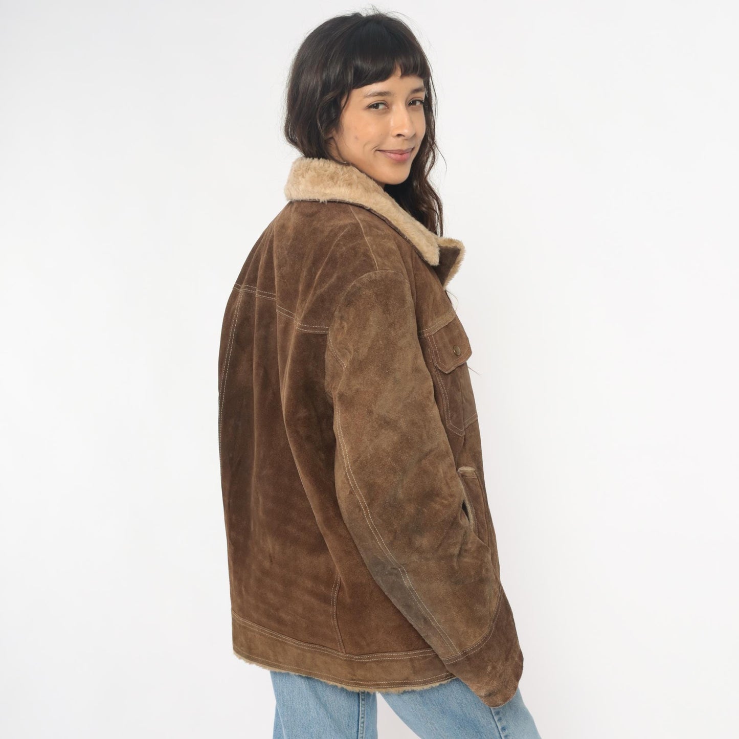 70s JC Penney Brown Suede Sherpa Jacket Western Rancher Coat Extra Large XL