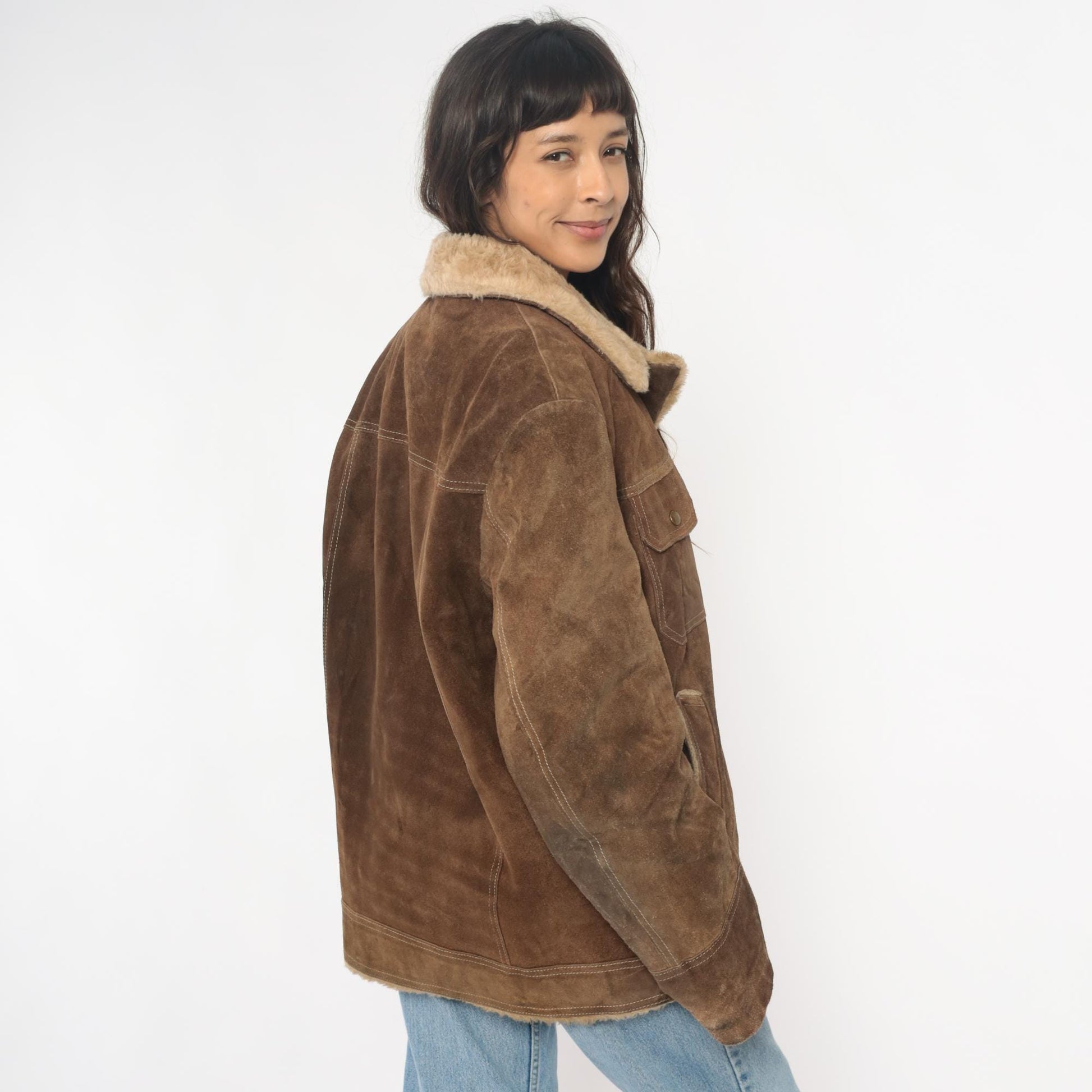 70s JC Penney Brown Suede Sherpa Jacket Western Rancher Coat Extra Large XL