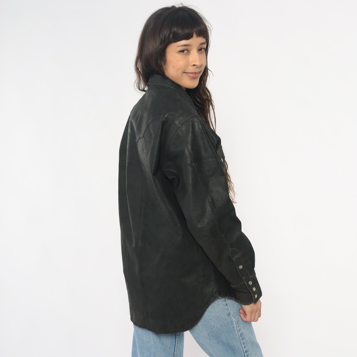 90s Neyries Black Leather Western Shirt Pearl Snap Pointed Yoke Large L