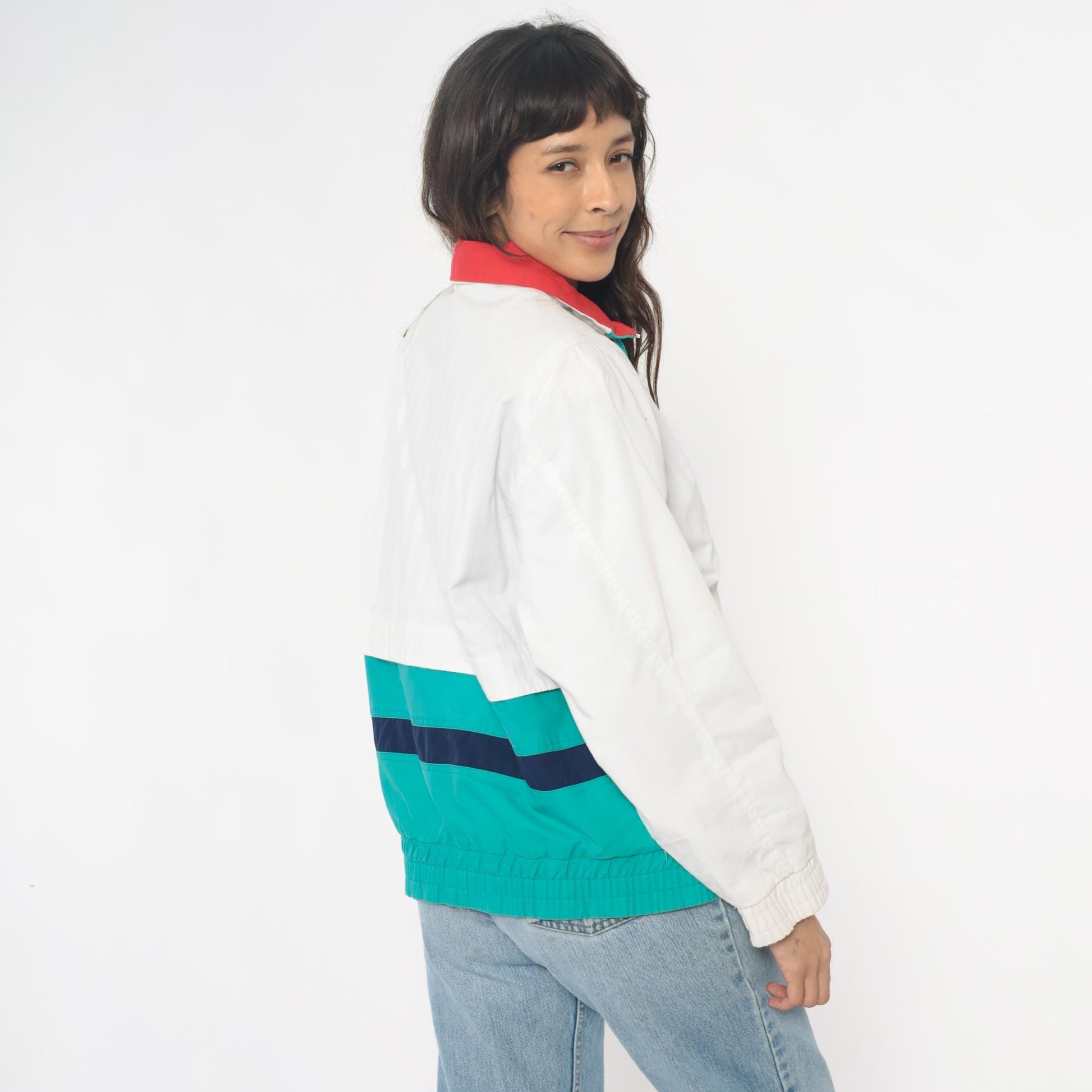 90s Izzi Spirit Colorblock Windbreaker White Teal Navy Small