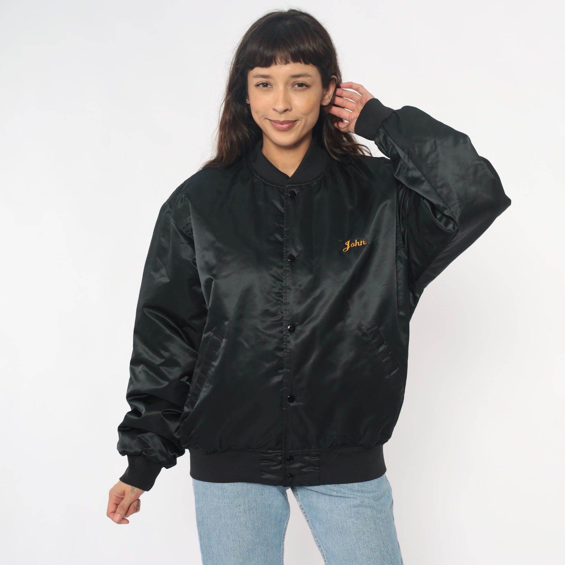 90s Black Satin Bomber Jacket Embroidered Champion Hunt Club Deer Large