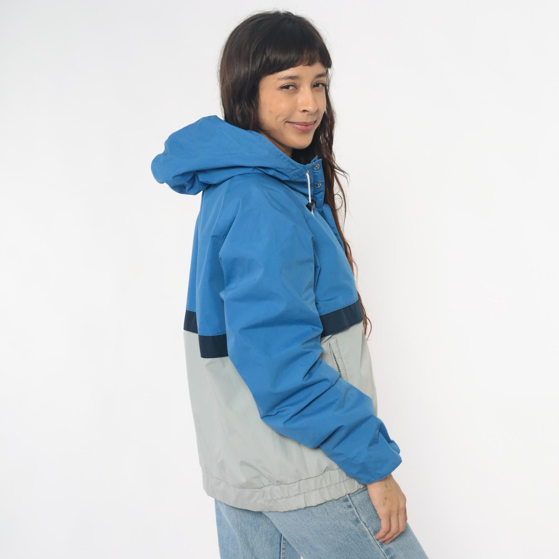 90s Nils Colorblock Hooded Windbreaker Jacket Blue Navy Cream Medium