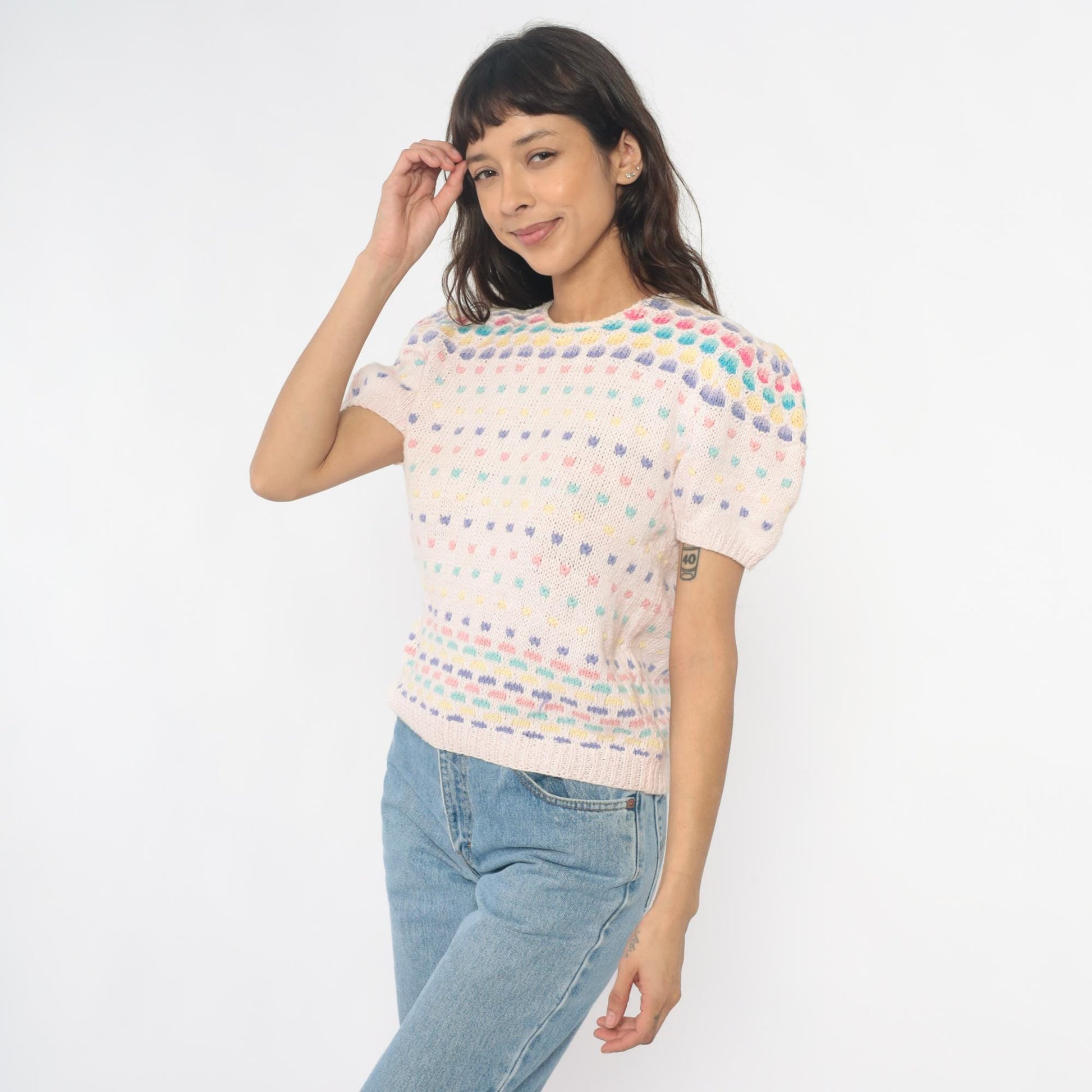 80s Deans of Scotland Puff Sleeve Knit Top Cream Polka Dot Small