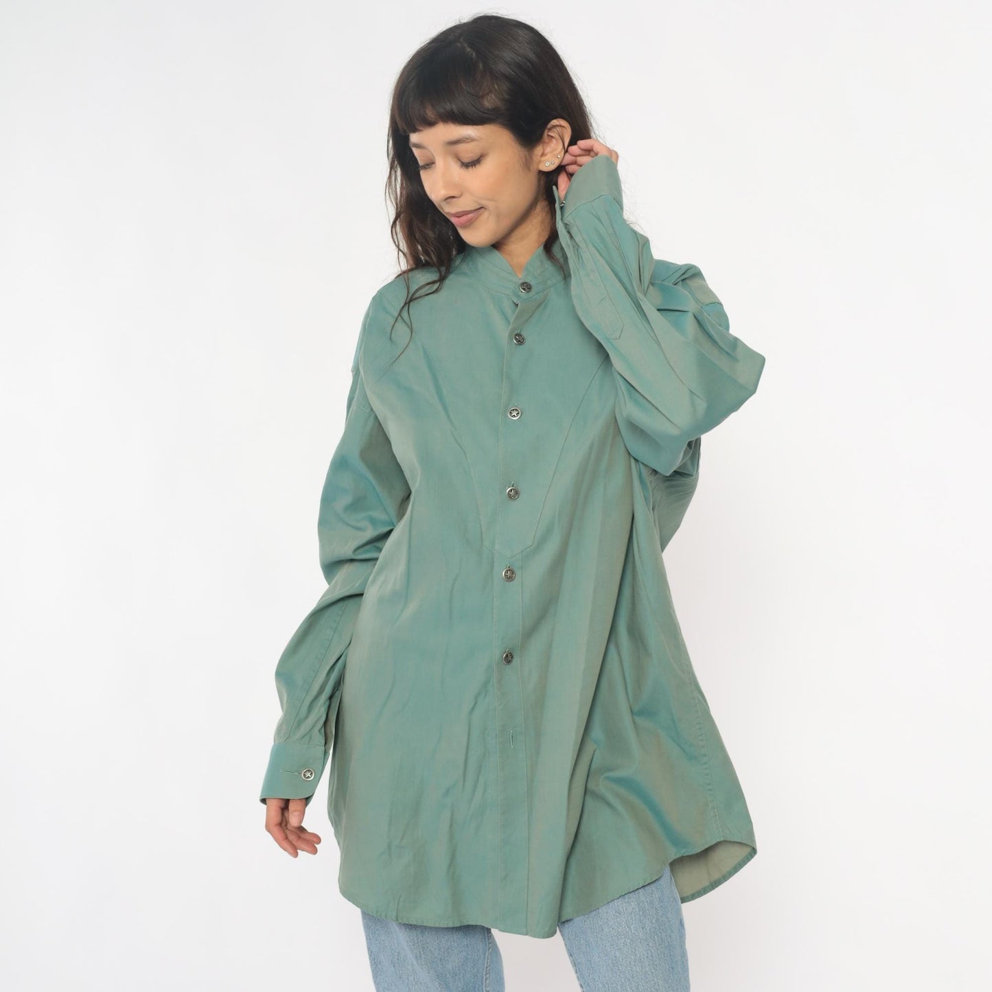 90s Stubbs Sage Green Western Shirt Mandarin Collar Button Front Extra Large XL