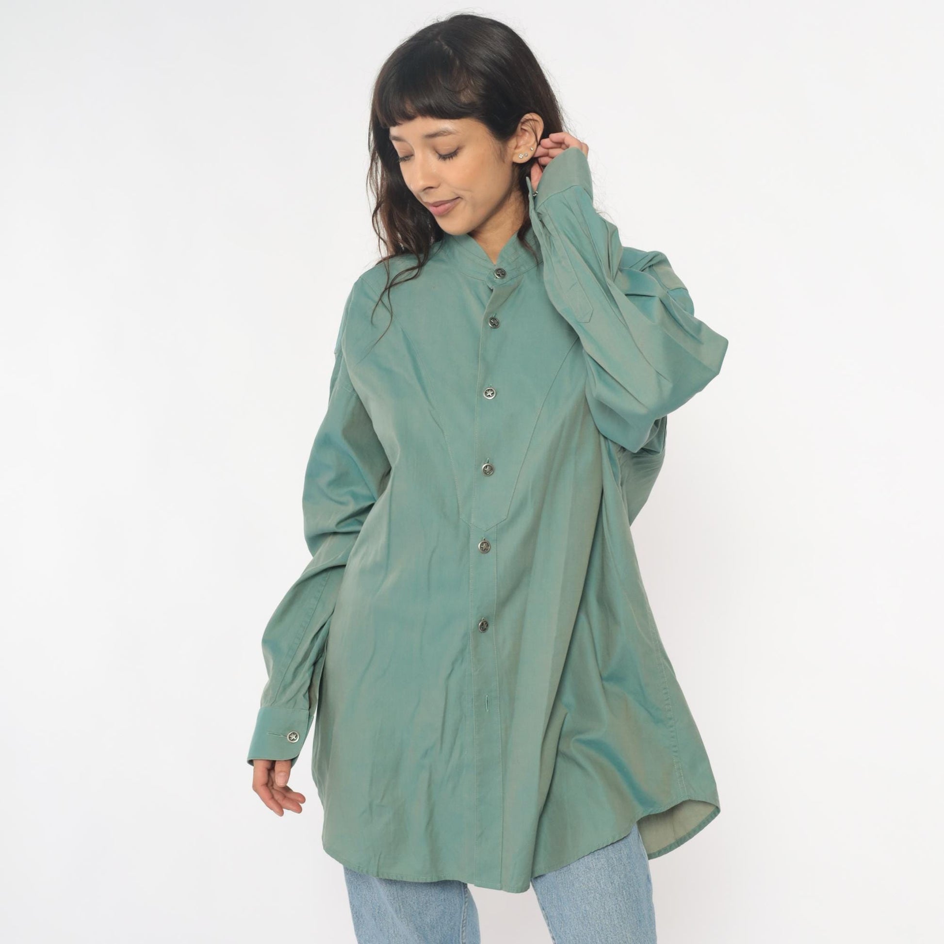 90s Stubbs Sage Green Western Shirt Mandarin Collar Button Front Extra Large XL