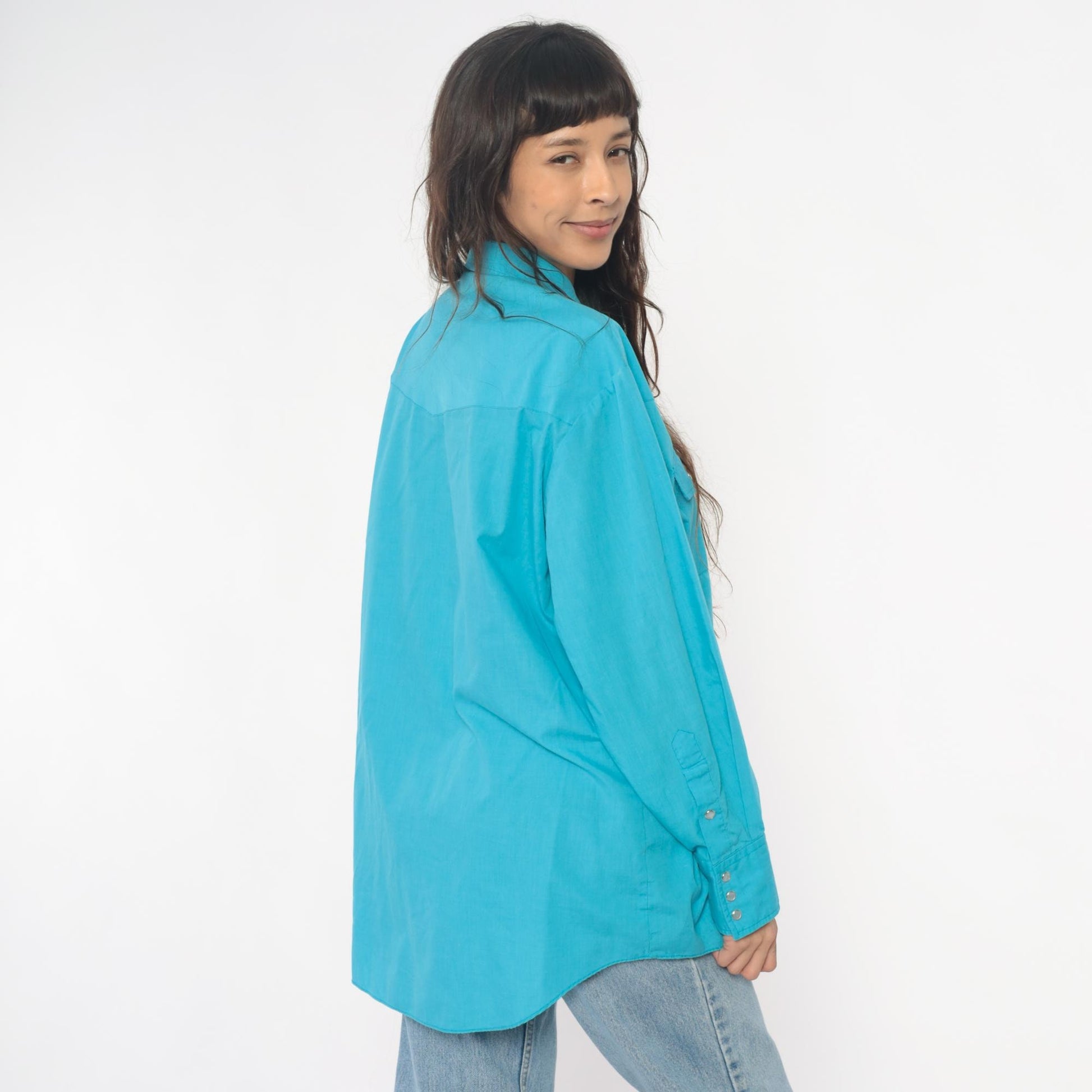 80s Sheplers Turquoise Western Shirt Pearl Snap Collared Long Sleeve Large
