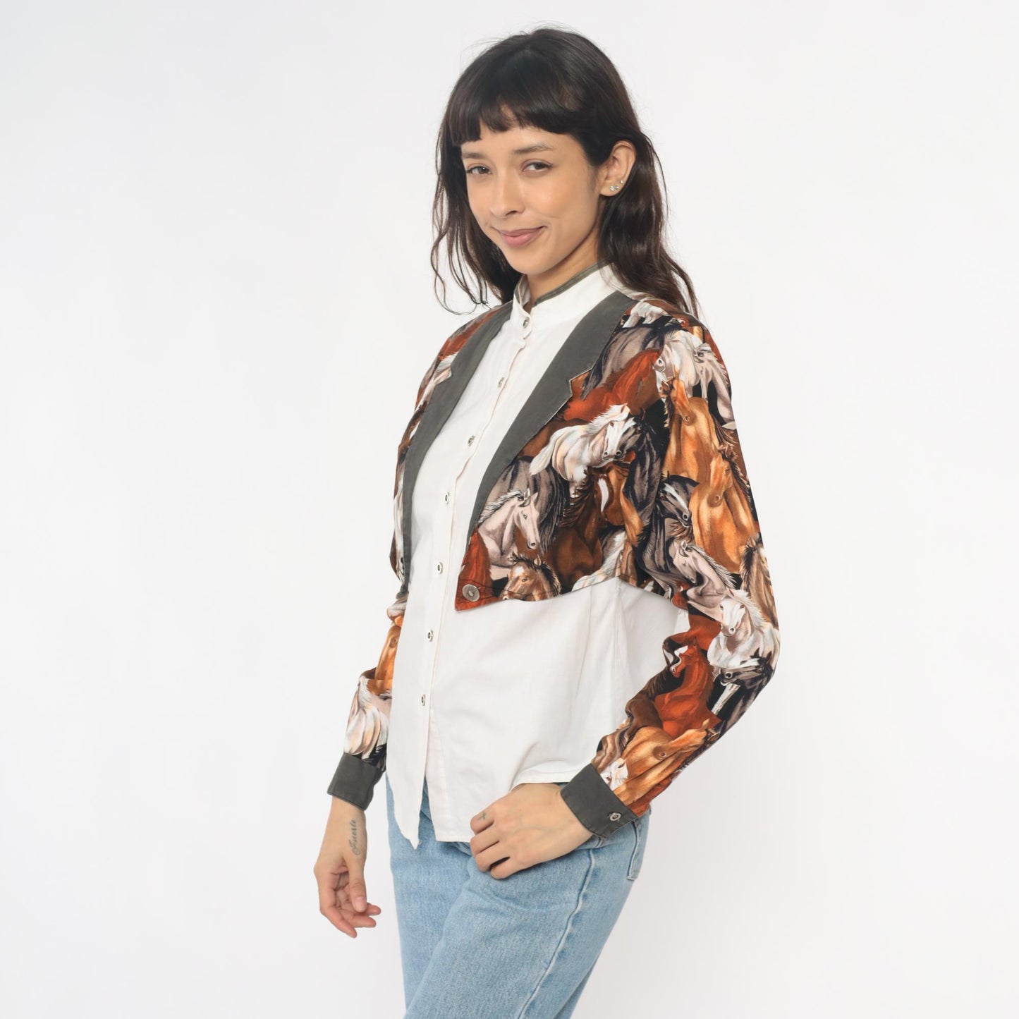 90s Roughrider Western Horse Print Button-Up Blouse White Small