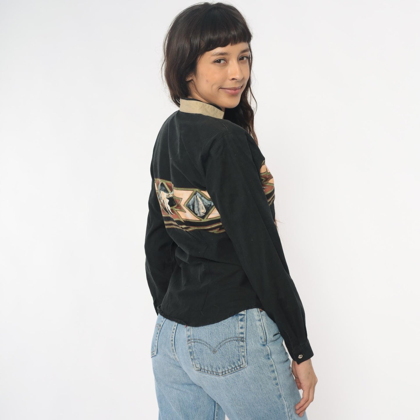 90s Roper Black Western Shirt Buffalo Skull Southwestern Appliqué Small