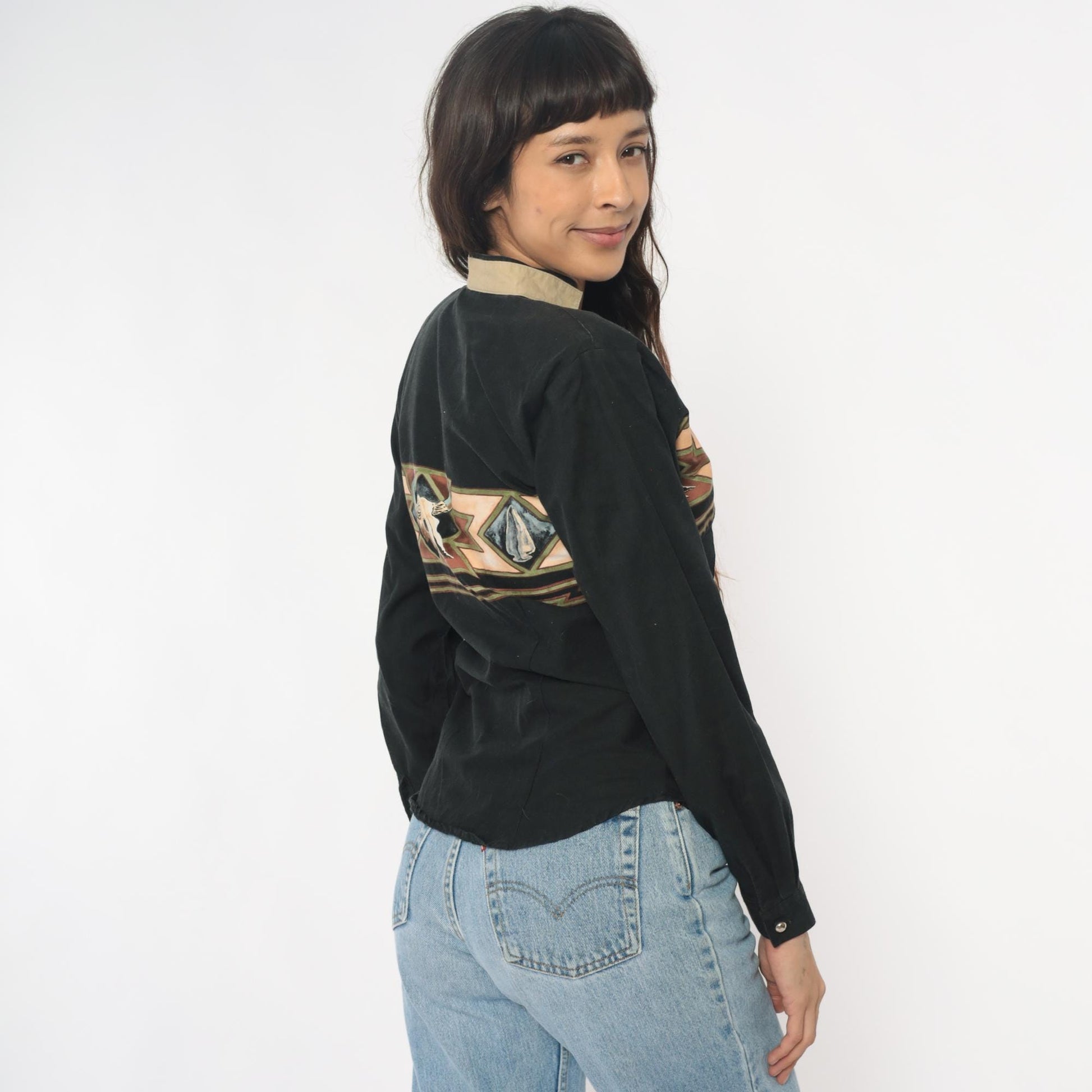 90s Roper Black Western Shirt Buffalo Skull Southwestern Appliqué Small