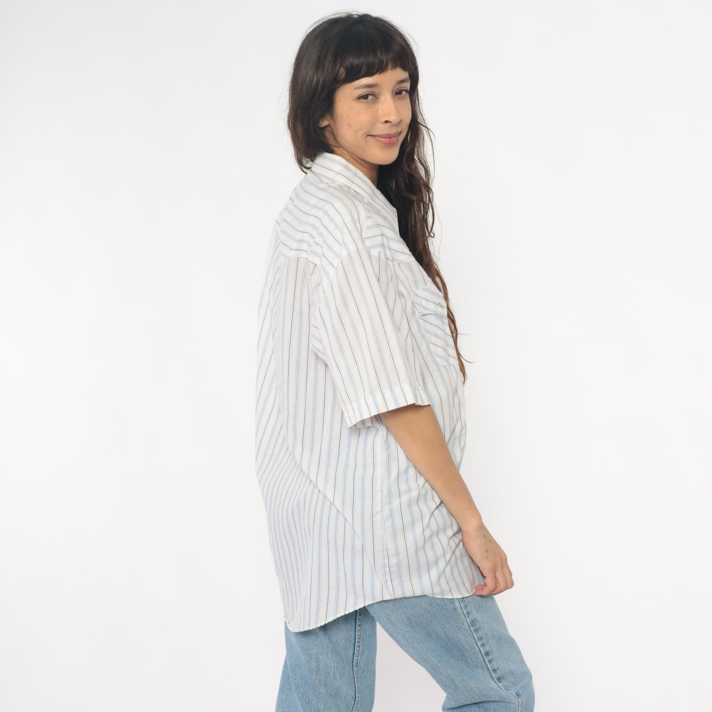 90s Ely Cattleman Western Striped Snap Shirt Cream Blue Tan Extra Large XL