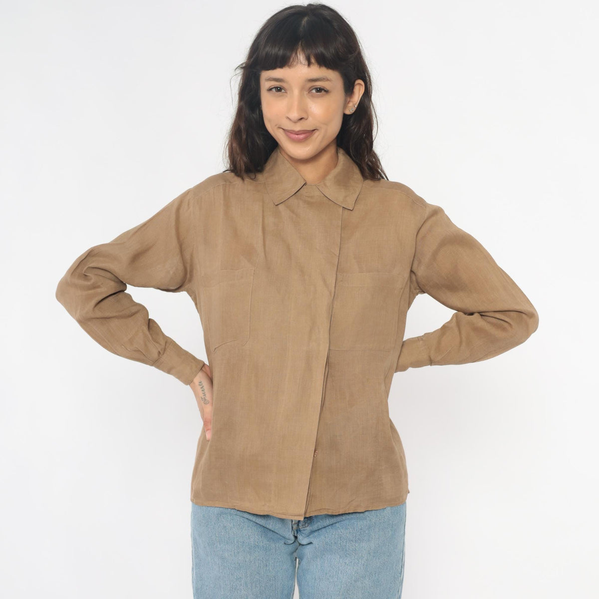 Calvin Klein 80s Tan Button-Up Shirt Pointed Collar Chest Pockets Small