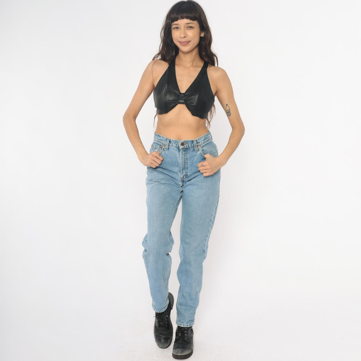 80s Black Leather Halter Crop Top Tie Back V-Neck Small Medium