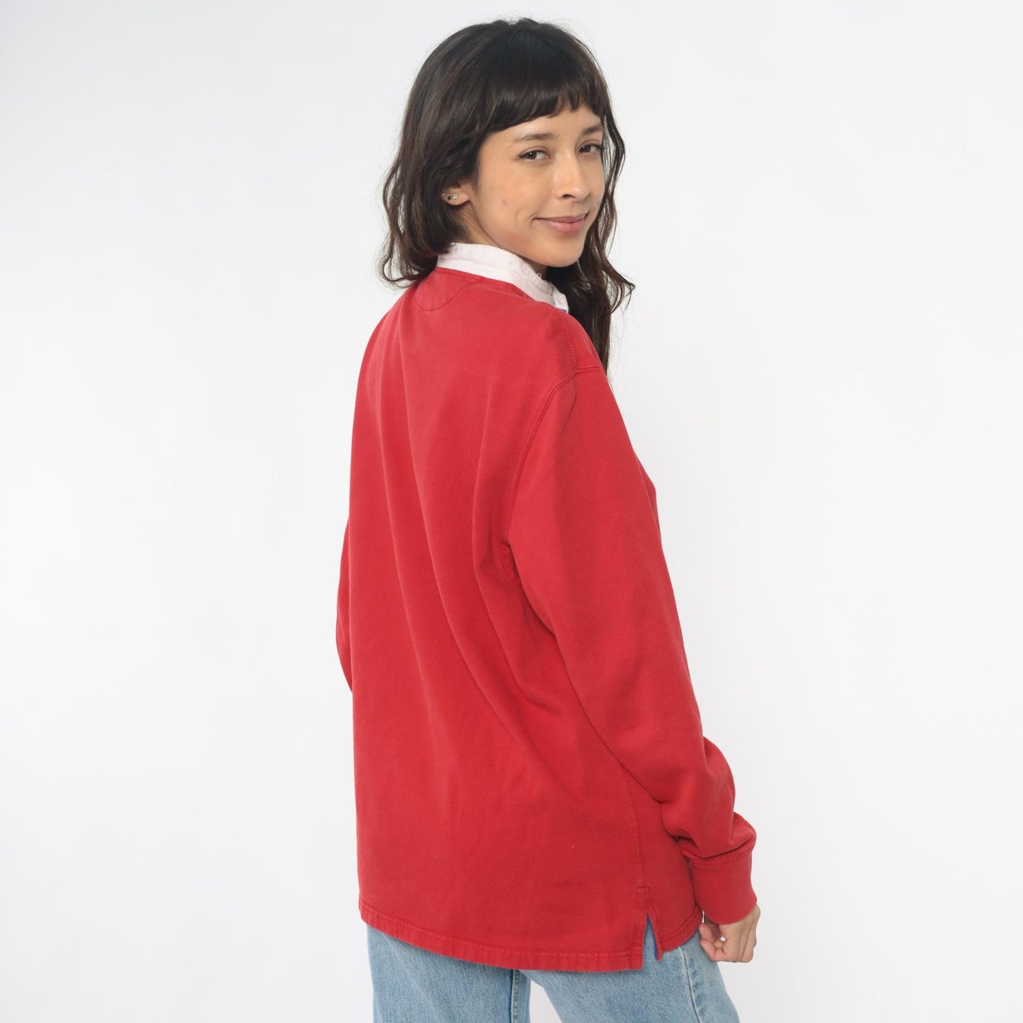 90s Polo Ralph Lauren Red Rugby Shirt White Collar Cotton Medium M