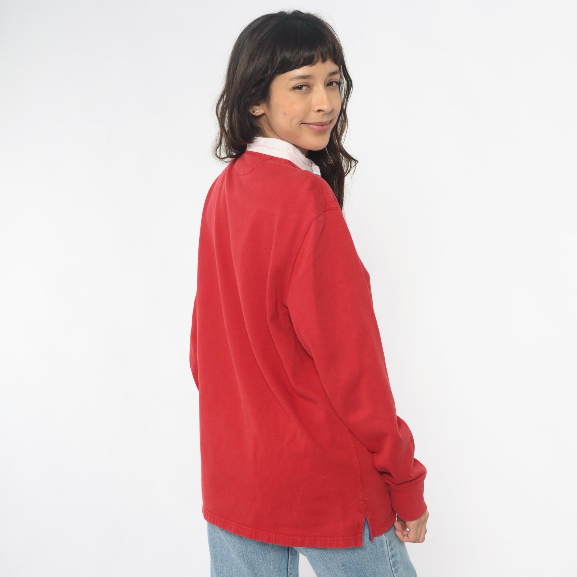 90s Polo Ralph Lauren Red Rugby Shirt White Collar Cotton Medium M