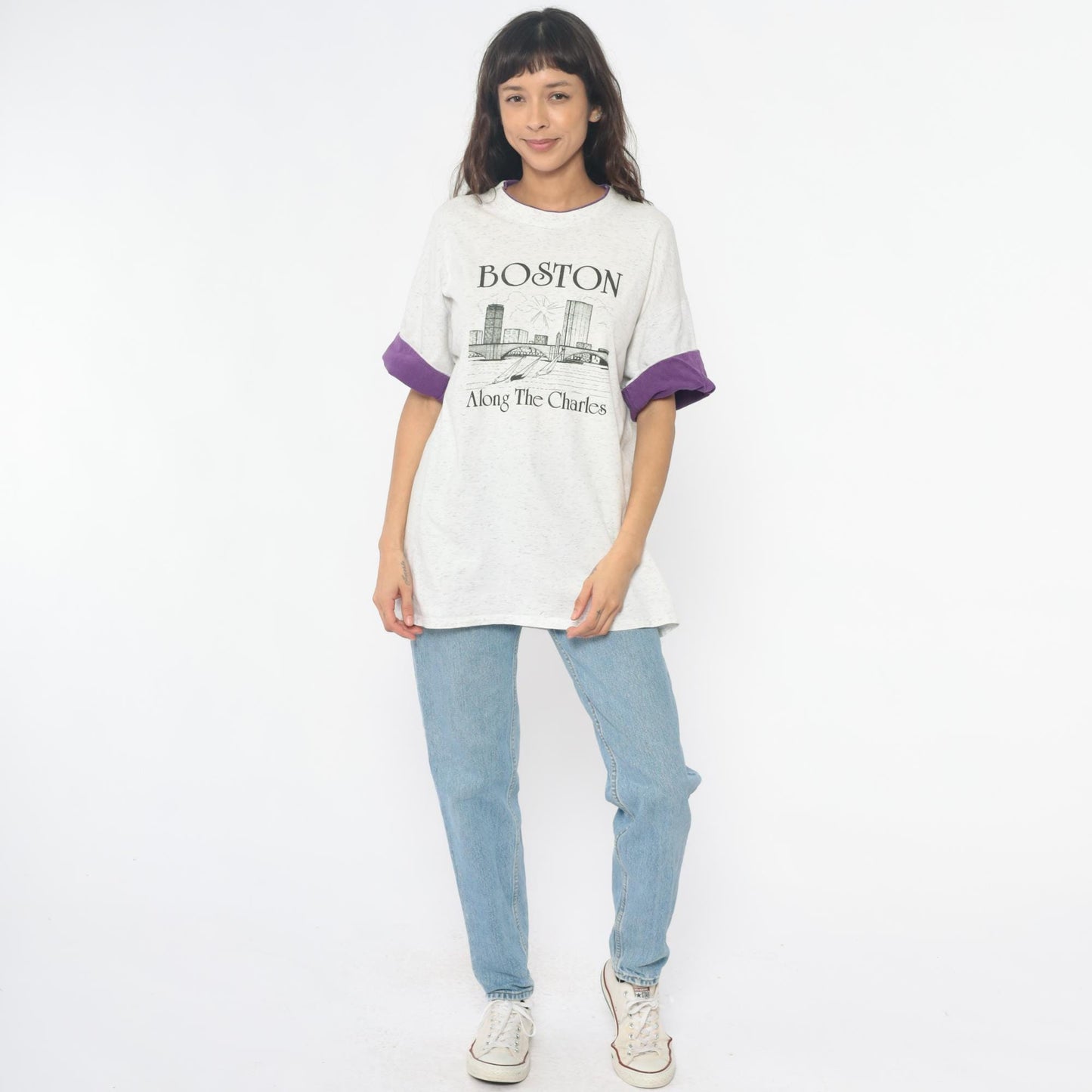 90s Boston Along The Charles River Graphic Tee Purple Ringer Sleeves Large