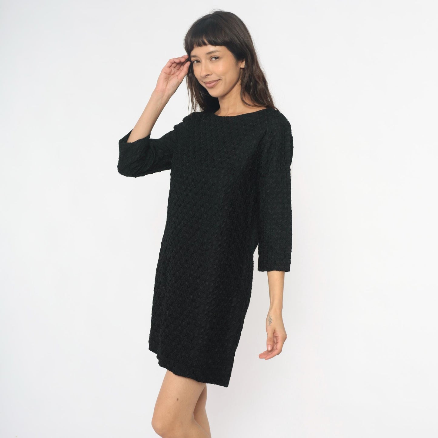 60s Black Shift Dress Boucle Boat Neckline Three-Quarter Sleeve Medium M