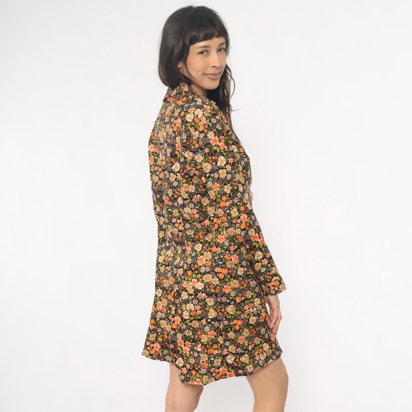 80s Laurel C Floral Shirt Dress Cotton Collared Mini Dark Botanical Large L