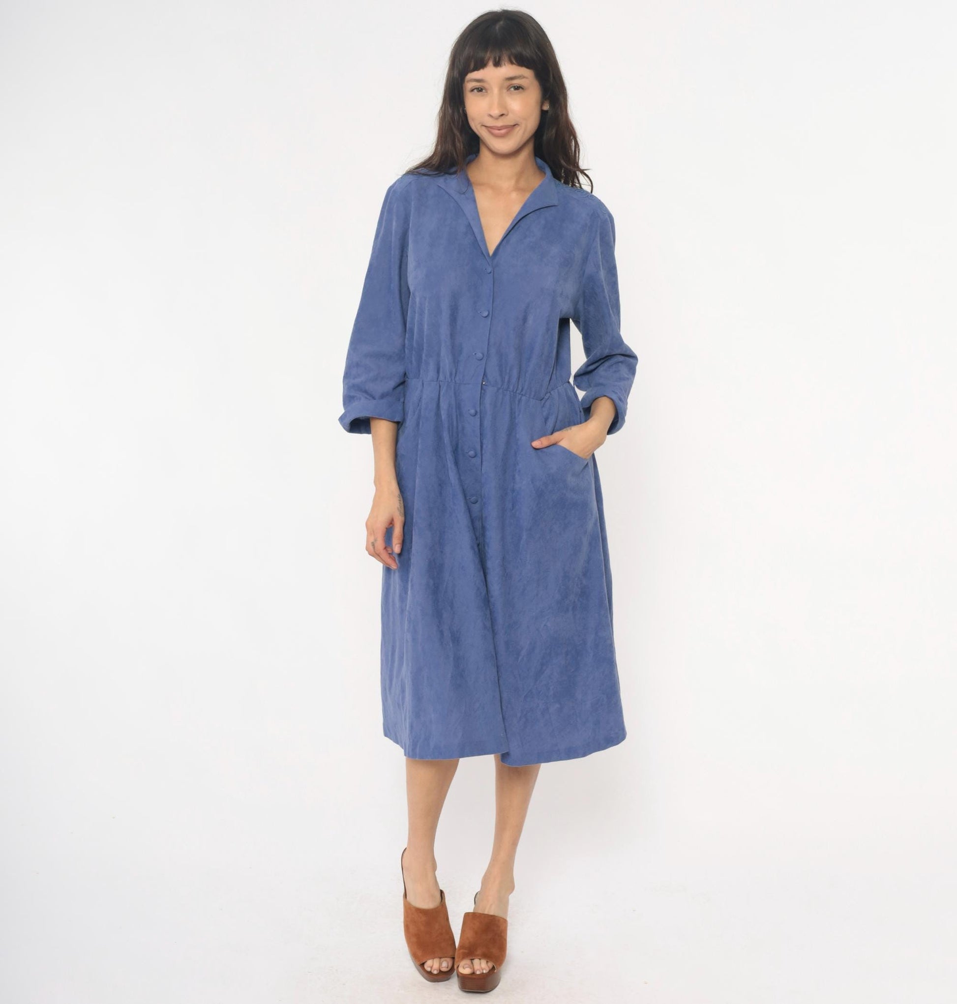 80s Petites by Willi Periwinkle Midi Dress Embroidered Collar Medium