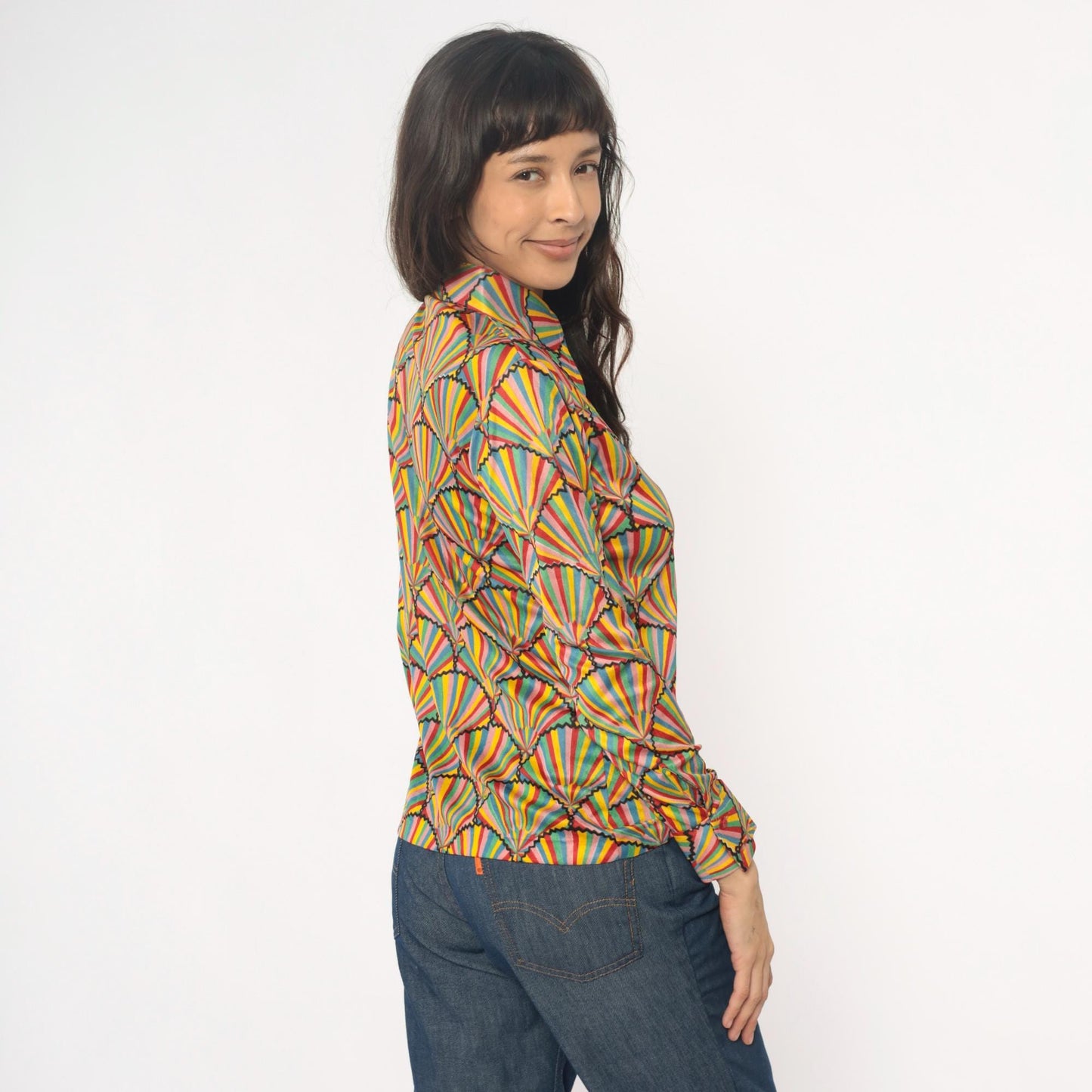 70s Helen Sue Geometric Fan Sunburst Blouse Multicolor Striped Collared Medium
