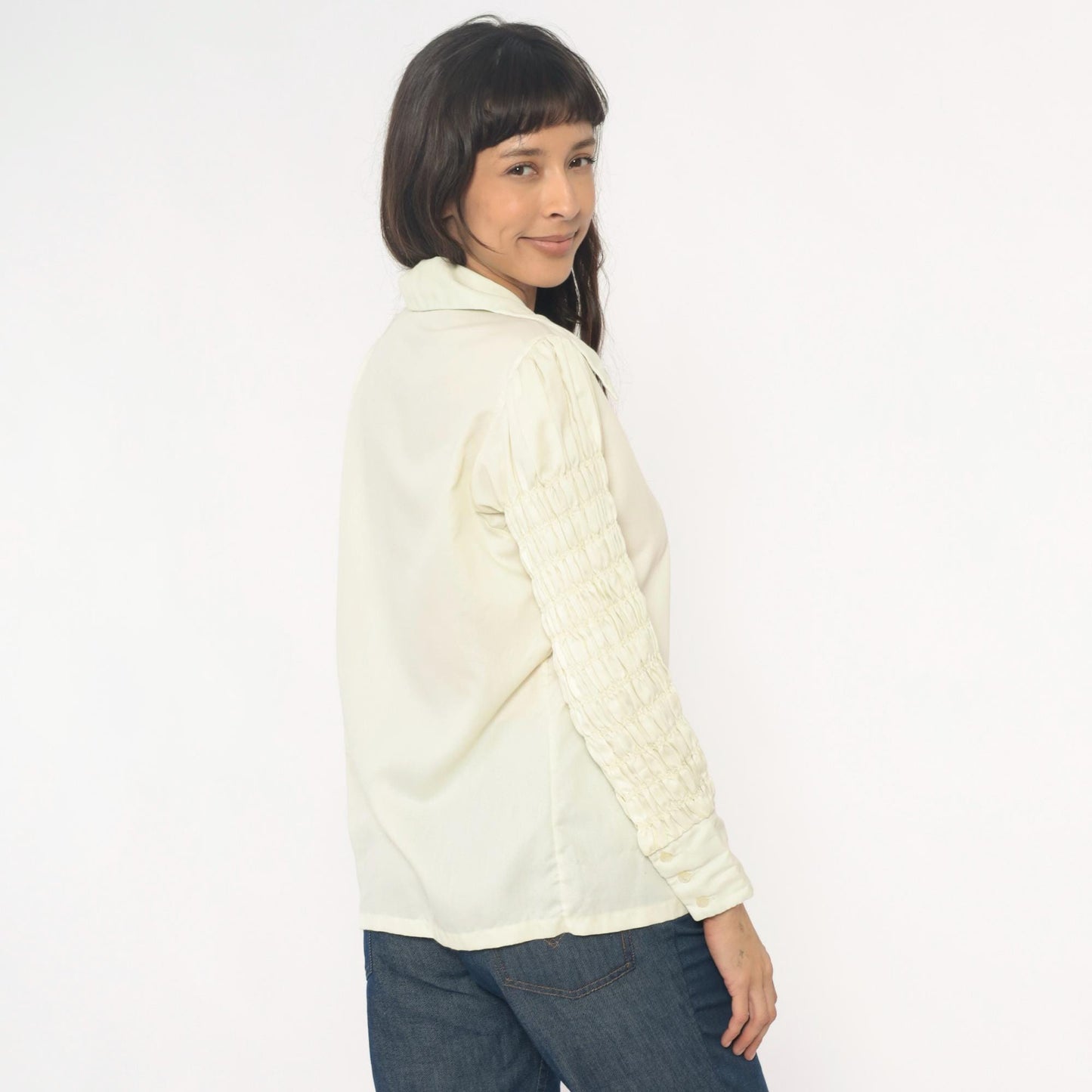 70s Ship n Shore Pale Yellow Button-Up Blouse Smocked Sleeve Collared Large