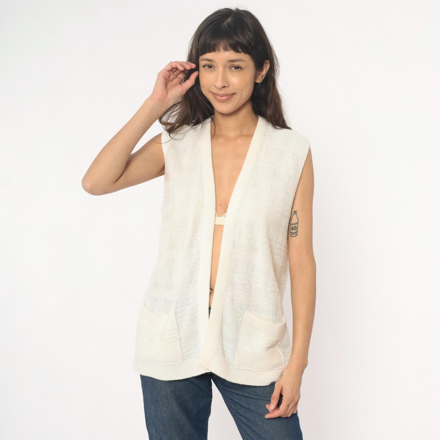 70s Cream Knit Vest Open Front Sleeveless Tank Top Small Medium
