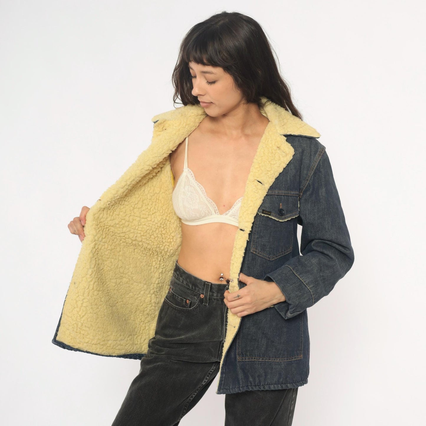 70s Roebucks Denim Jacket Sherpa Lined Dark Indigo Cream Workwear Medium Large