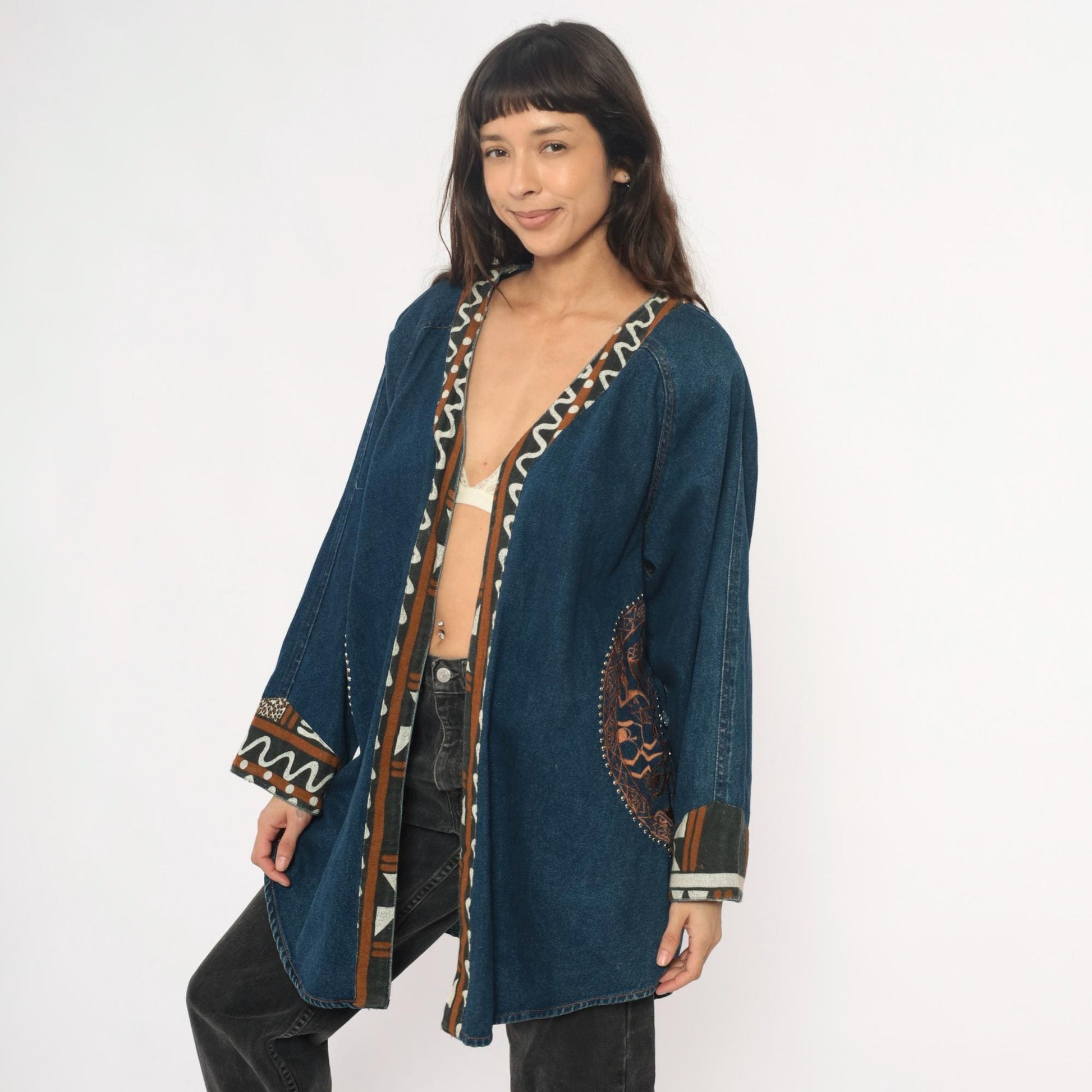 90s Southwestern Denim Jacket Tribal Embroidered Studs Blue Medium