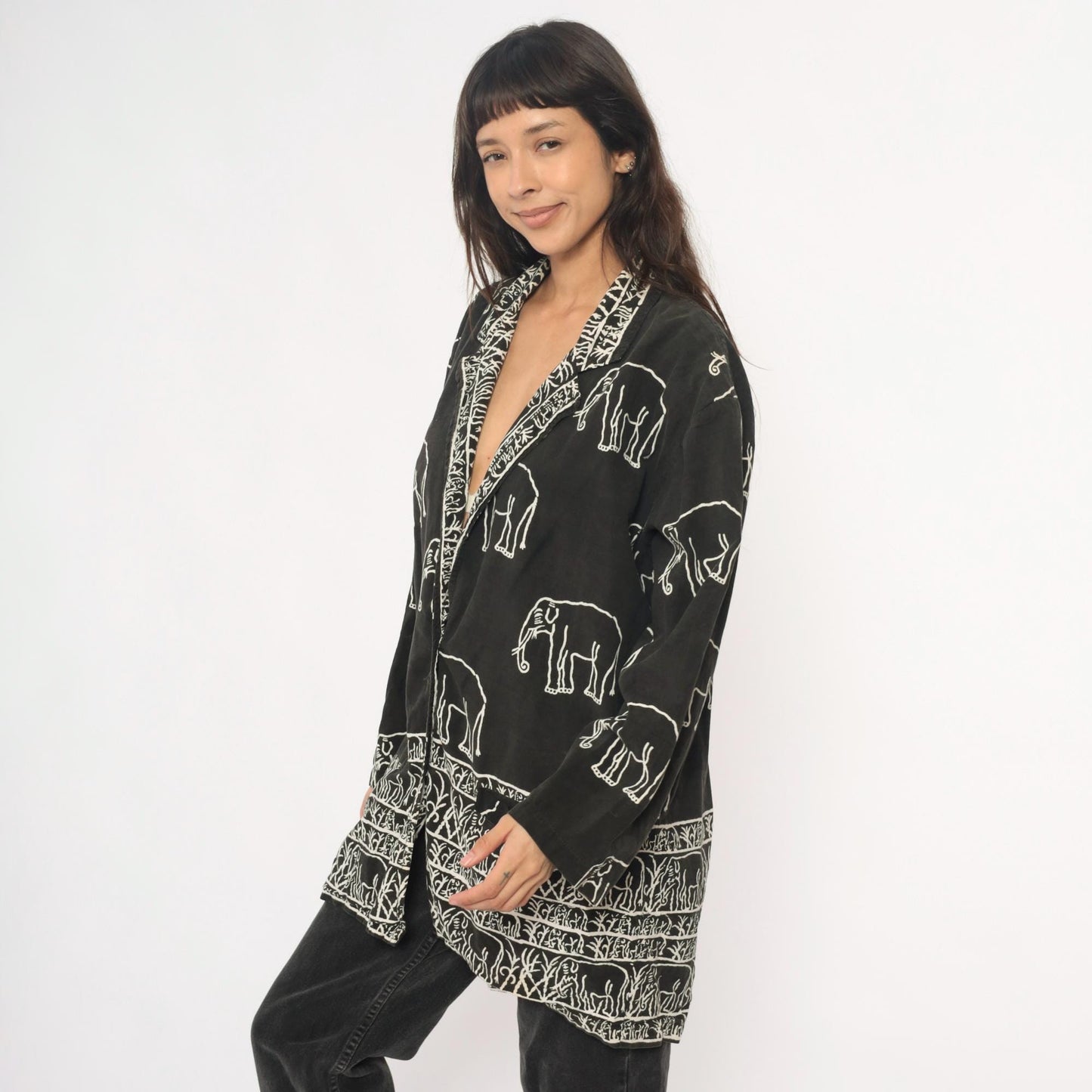 90s Black Cotton Elephant Print Tunic Jacket Collared Medium M