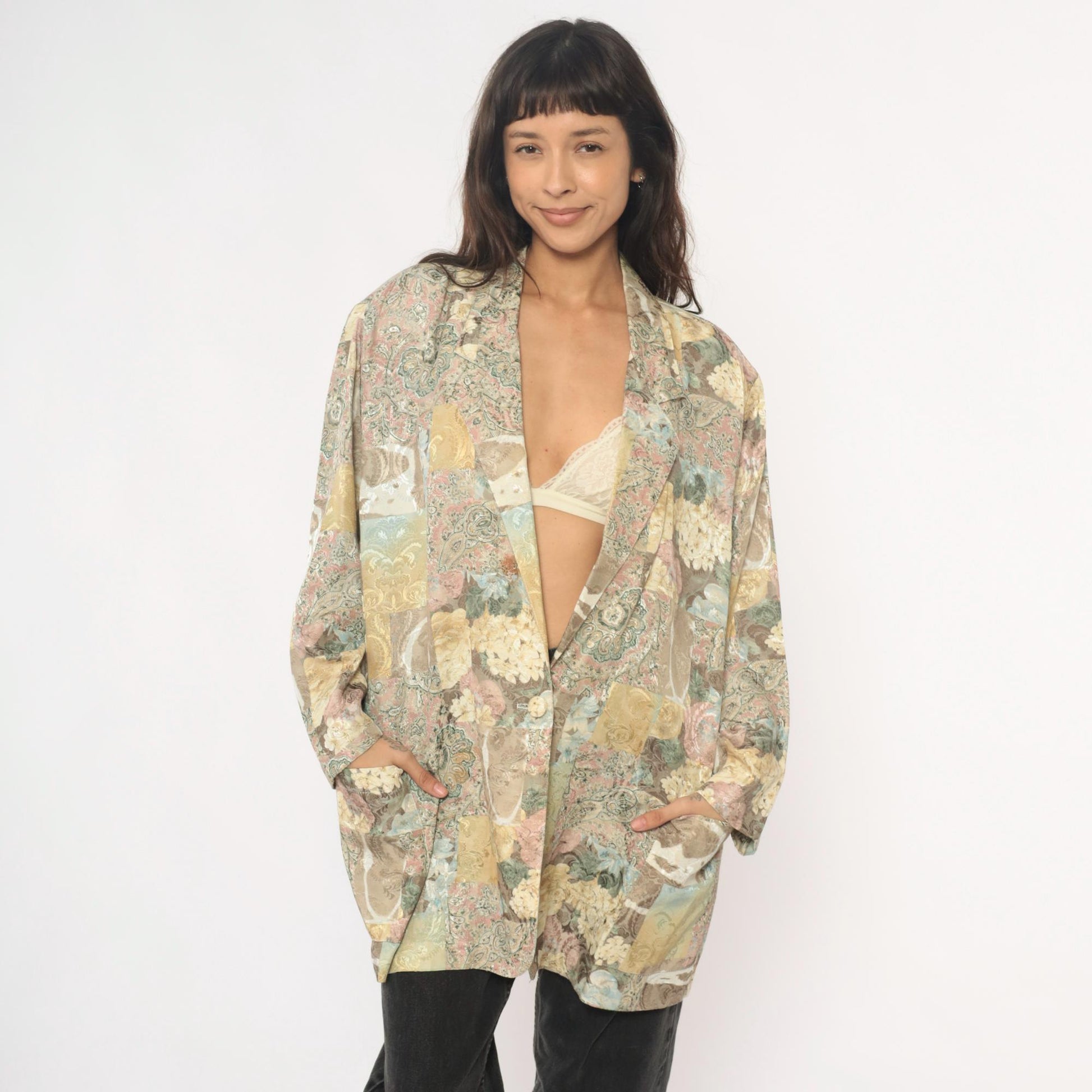 90s Melissa Robyn Floral Paisley Open Blazer Cream Multi Medium