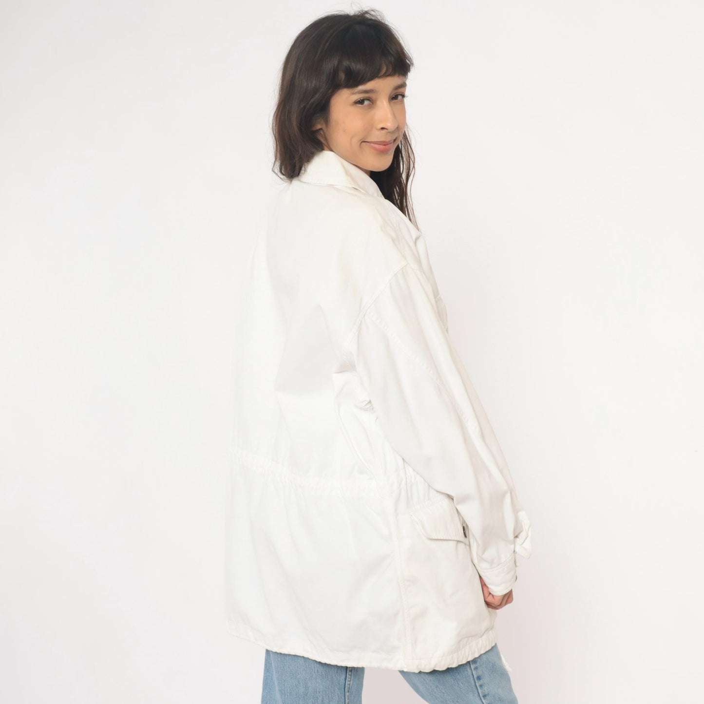 90s Adrienne Vittadini Cotton Utility Jacket Cream Pointed Collar Medium M