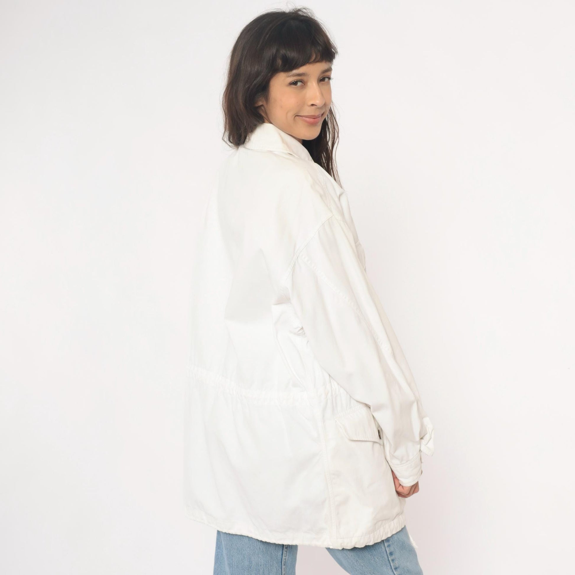 90s Adrienne Vittadini Cotton Utility Jacket Cream Pointed Collar Medium M