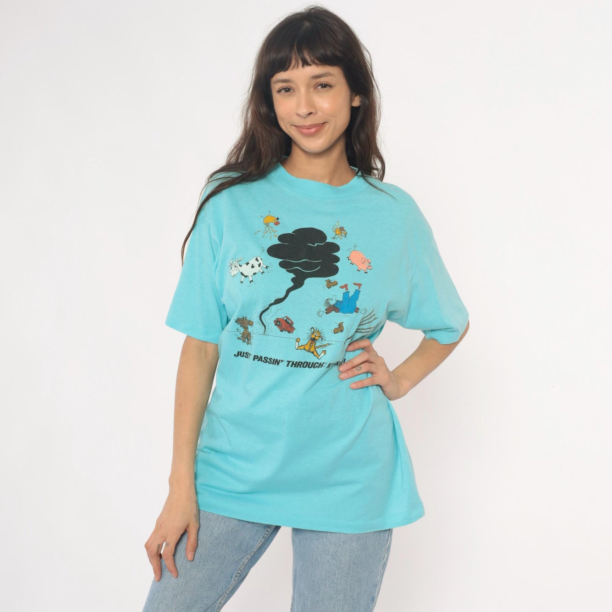 90s Anvil Kansas Tornado Graphic Tee Turquoise Cartoon Farm Animals Extra Large XL