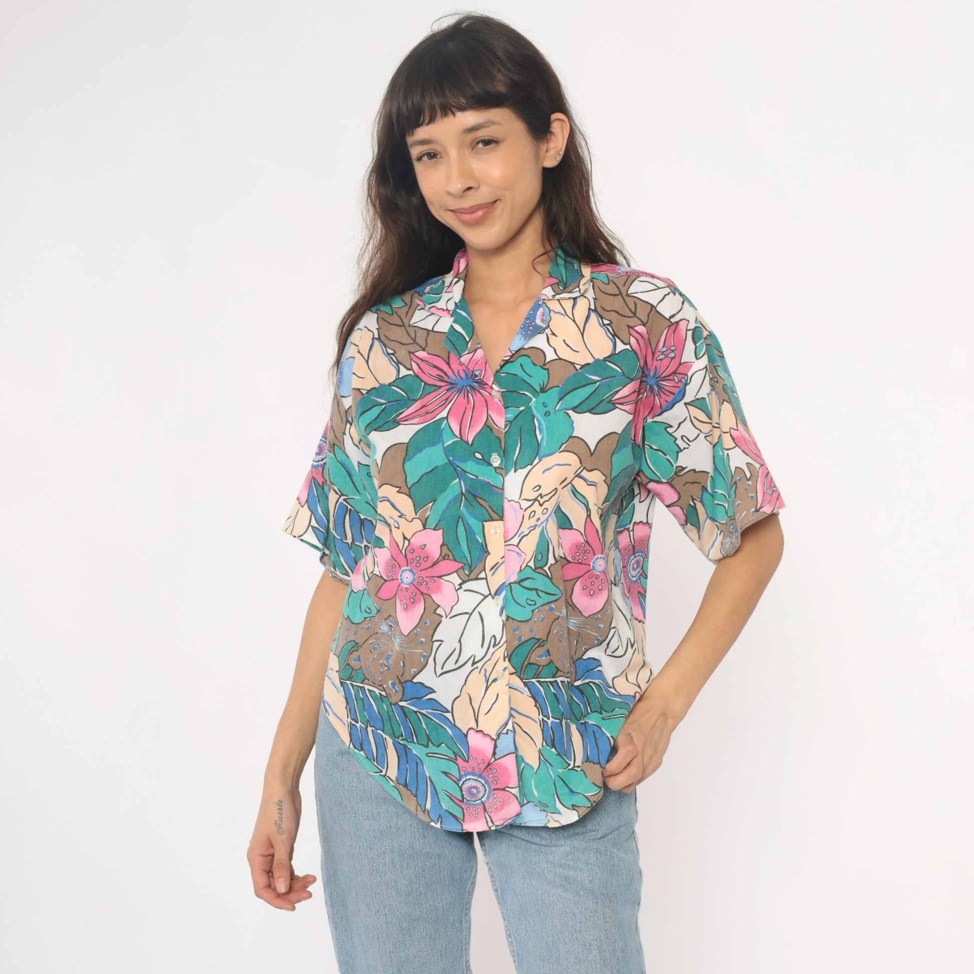 90s Caribou Tropical Floral Hawaiian Shirt Pink Blue Monstera Medium