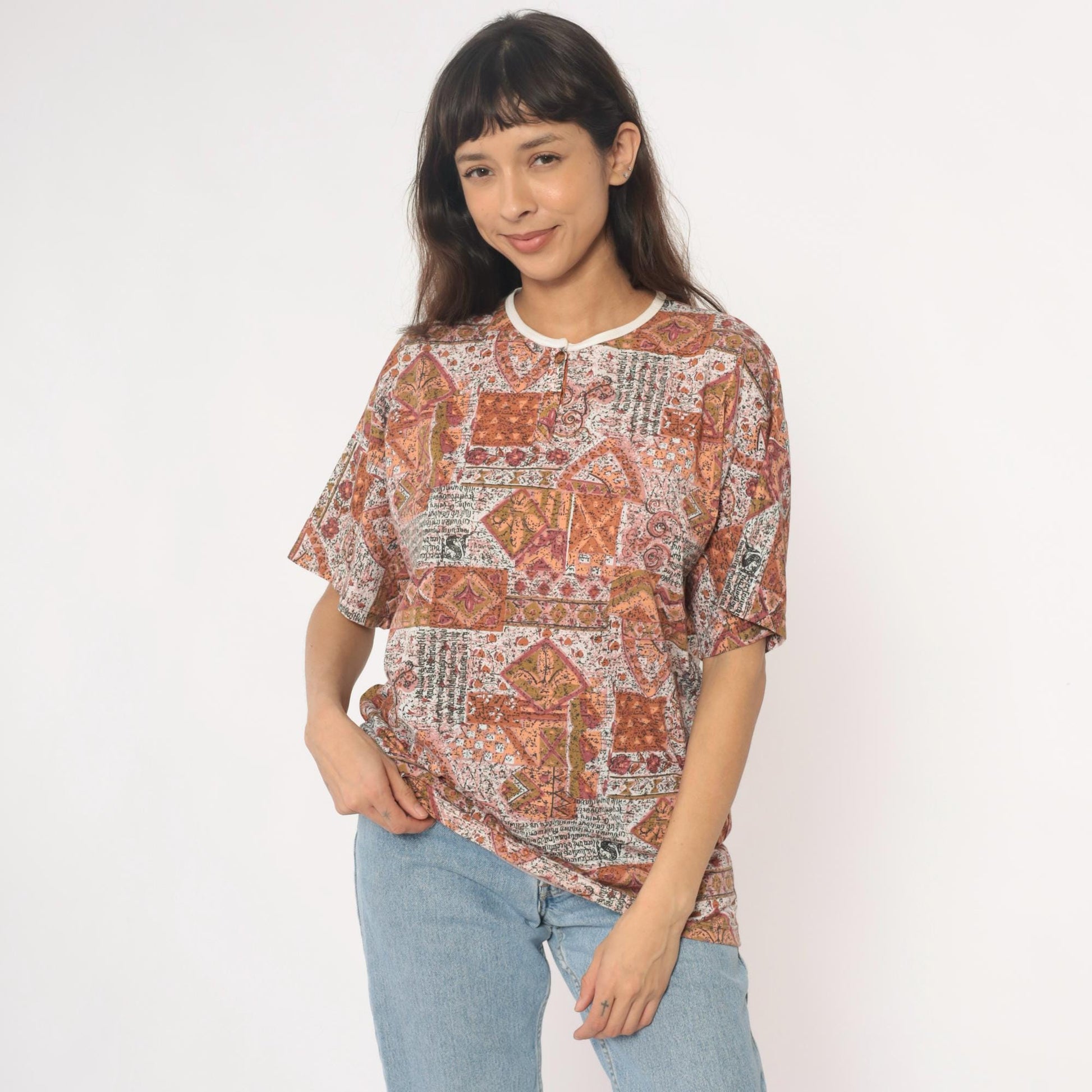 Y2K Patchwork Print Tee Rust Orange Cream Geometric Paisley Unisex Large L