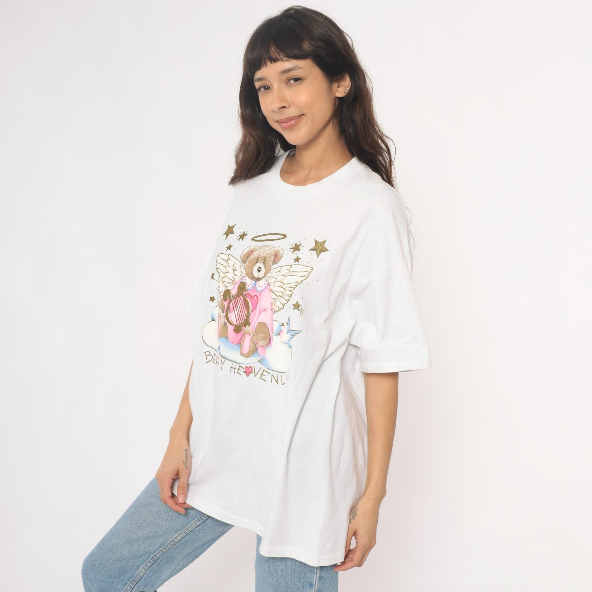 90s Oneita Beary Heavenly Angel Teddy Bear Graphic Tee White Plus Size XXL