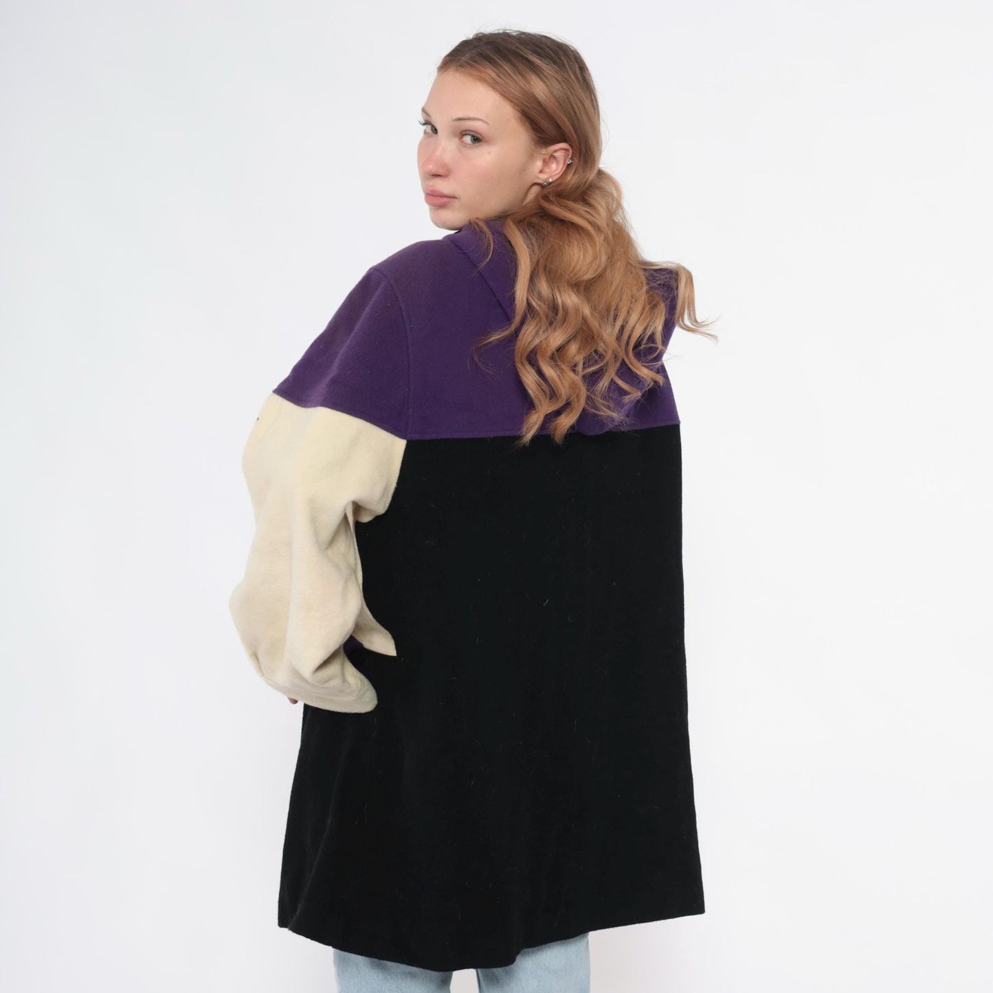 90s Spencer Douglas Colorblock Hooded Jacket Purple Cream Black Wool Blend Extra Large