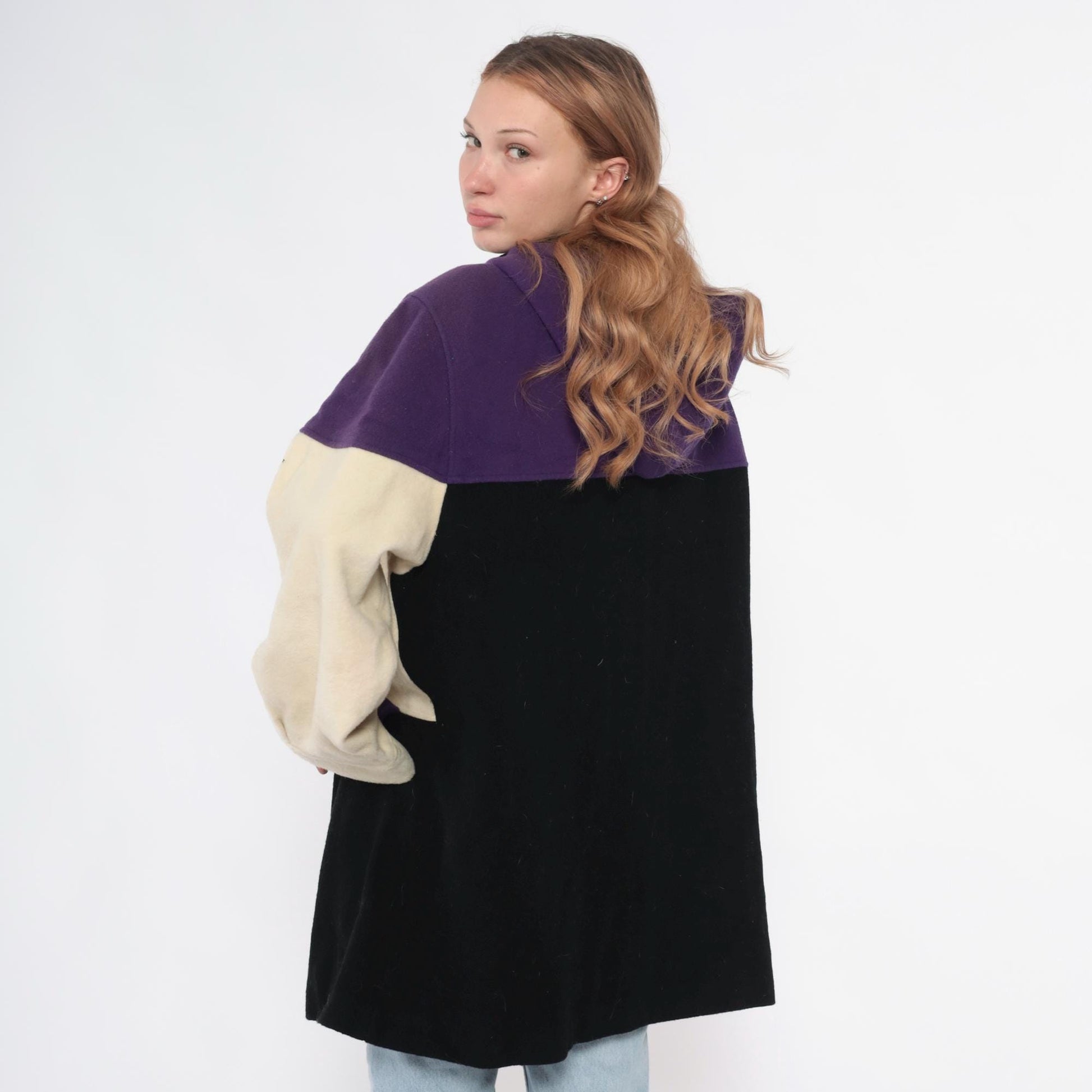 90s Spencer Douglas Colorblock Hooded Jacket Purple Cream Black Wool Blend Extra Large